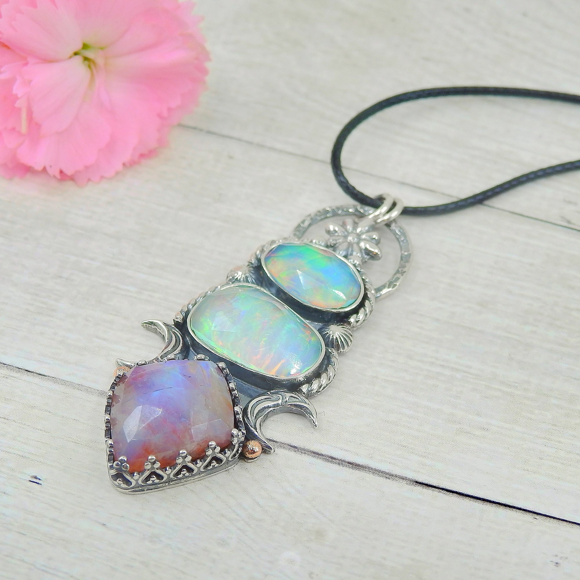 Rose Cut Moonstone & Red Jasper with Clear Quartz with Aurora Opal Pendant- Sterling Silver and 14k Rose Gold 