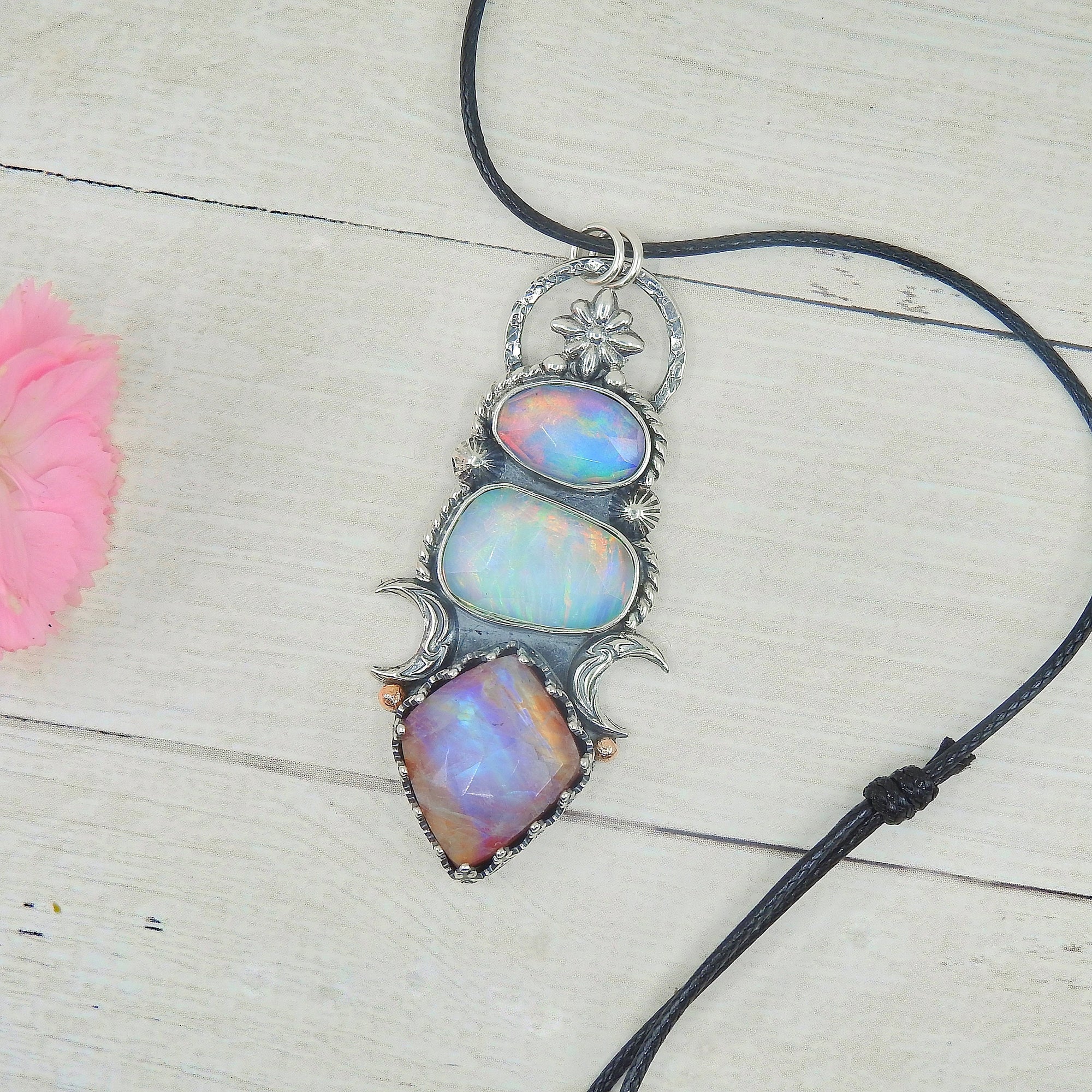 Rose Cut Moonstone & Red Jasper with Clear Quartz with Aurora Opal Pendant- Sterling Silver and 14k Rose Gold 