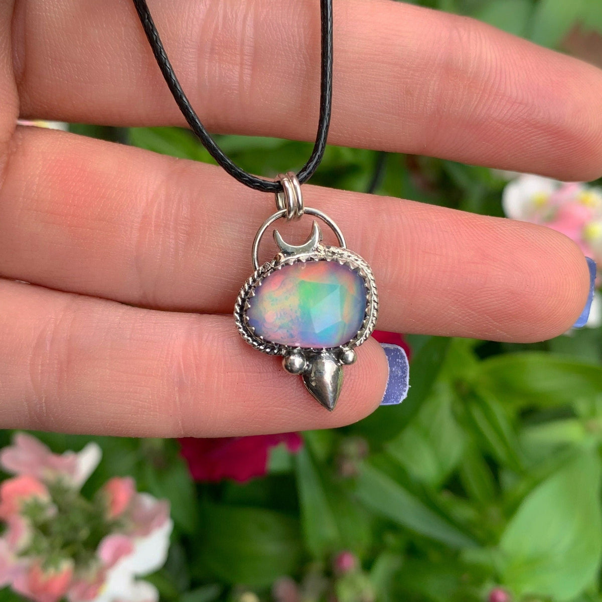 Rose Cut Clear Quartz with Aurora Opal Pendant - Sterling Silver and 14k Rose Gold 