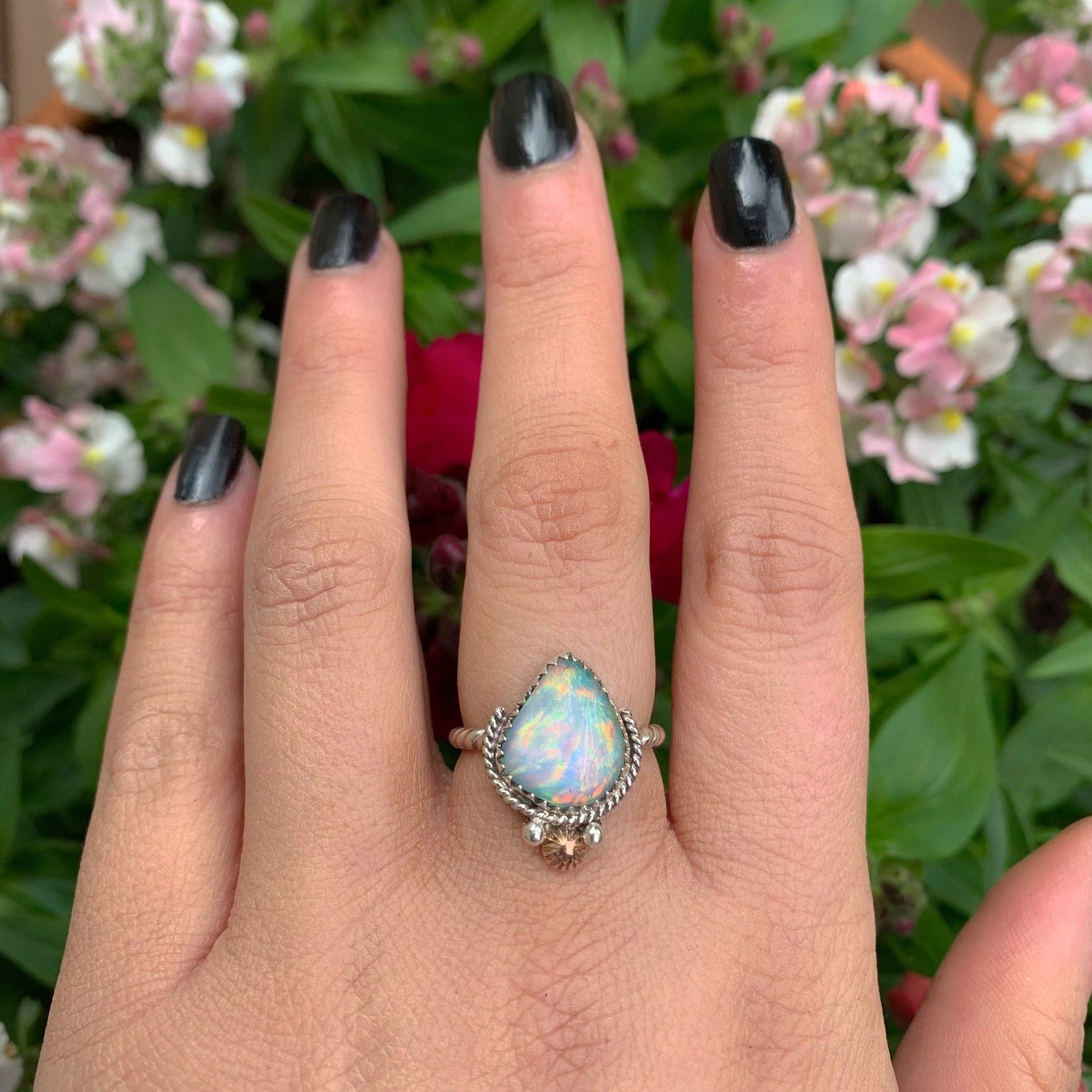 Rose Cut Clear Quartz & Aurora Opal Ring - Size 7 