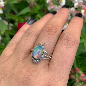 Rose Cut Clear Quartz & Aurora Opal Ring - Size 8.25 