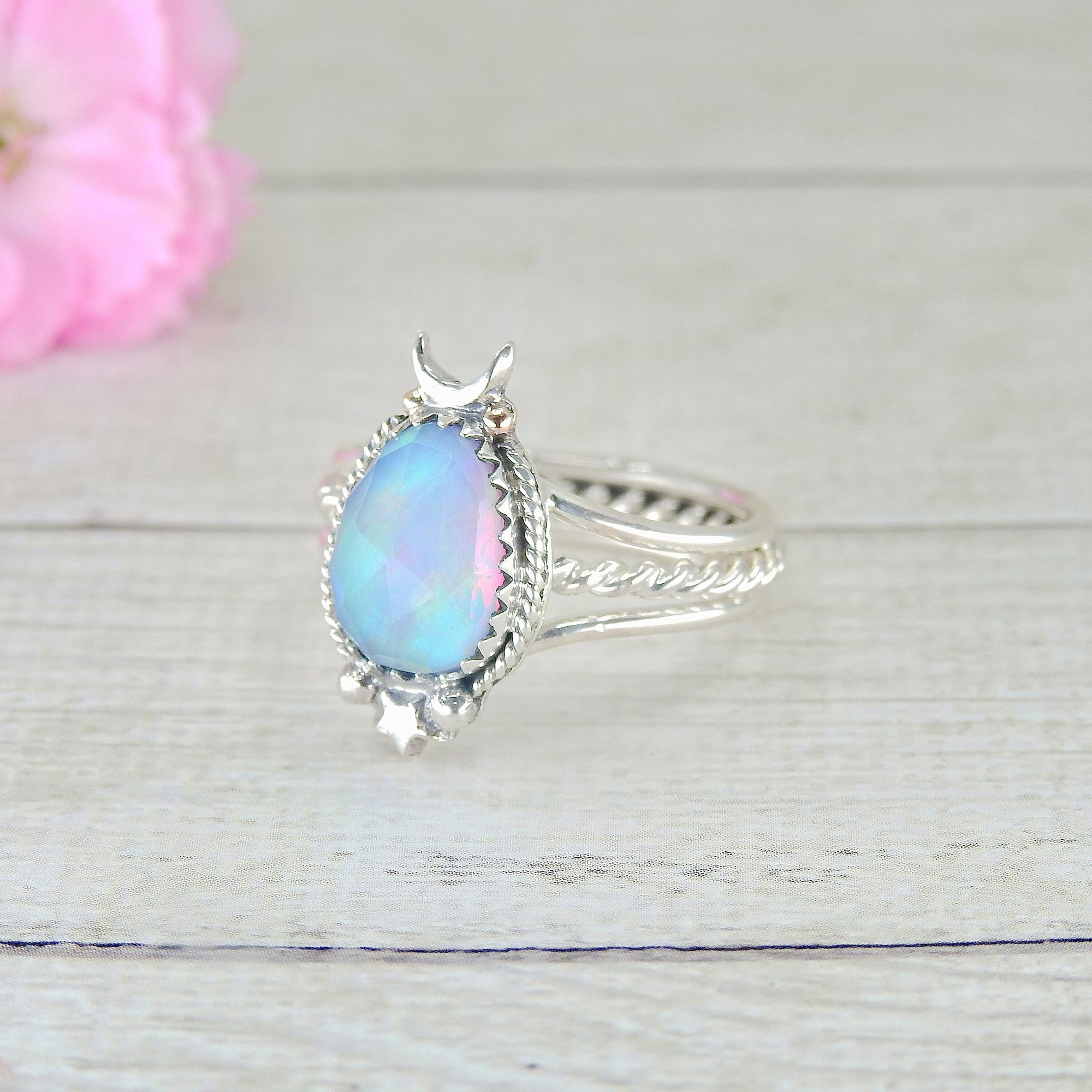 Rose Cut Clear Quartz & Aurora Opal Ring - Size 8.25 