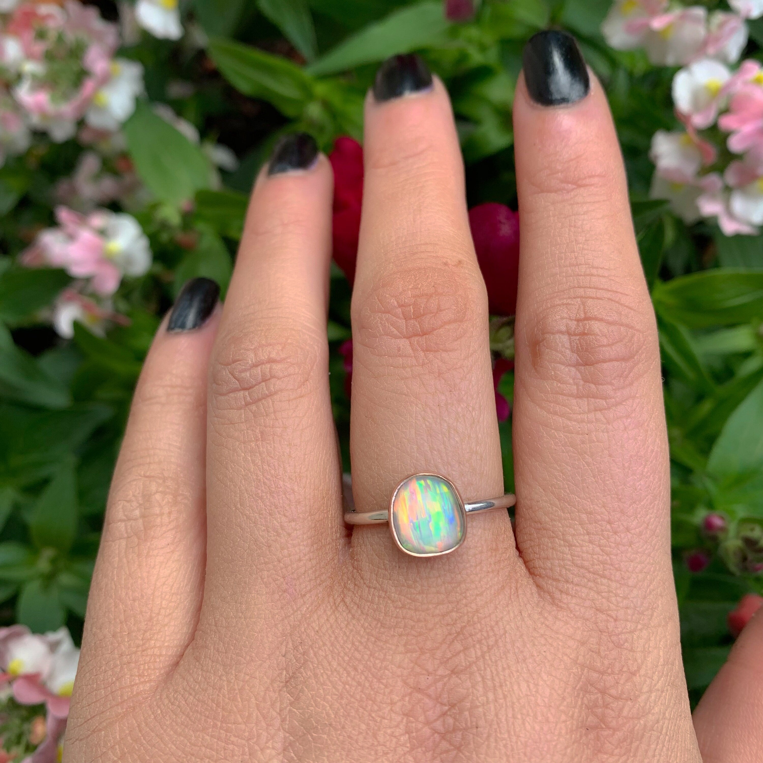 Rose Cut Clear Quartz & Aurora Opal Ring - Size 9 