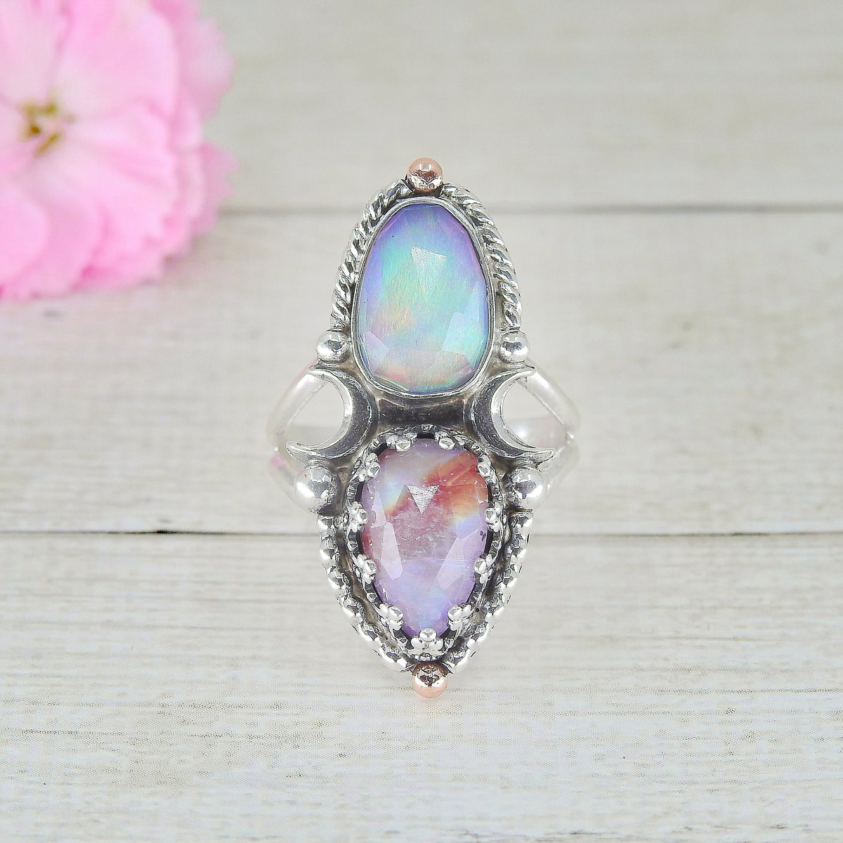 Moonstone with Red Jasper & Rose Cut Clear Quartz with Aurora Opal Ring - Size 7 