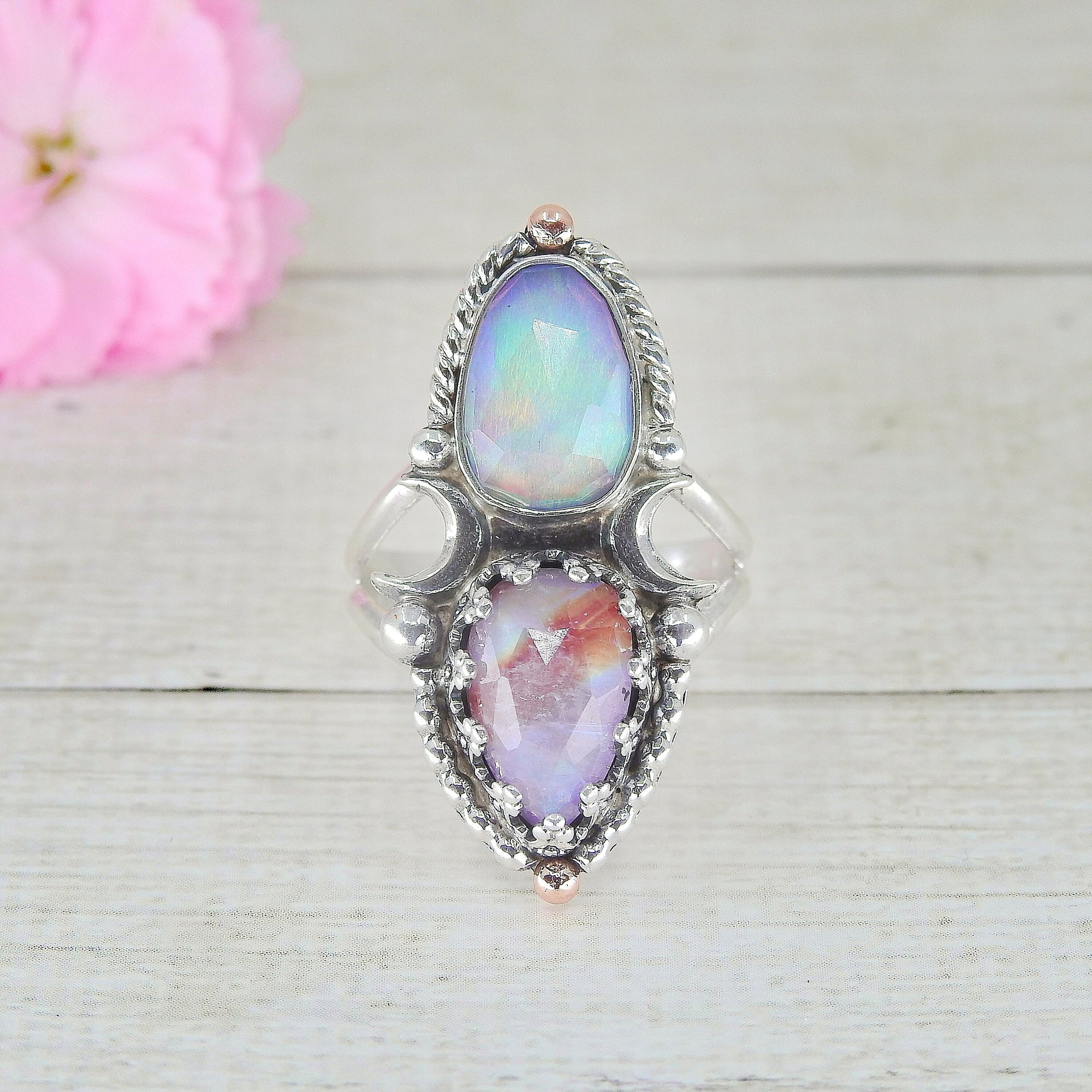 Moonstone with Red Jasper & Rose Cut Clear Quartz with Aurora Opal Ring - Size 7 