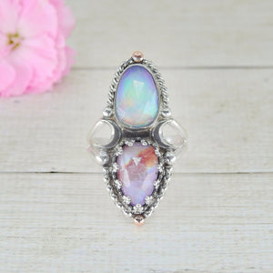 Moonstone with Red Jasper & Rose Cut Clear Quartz with Aurora Opal Ring - Size 7 
