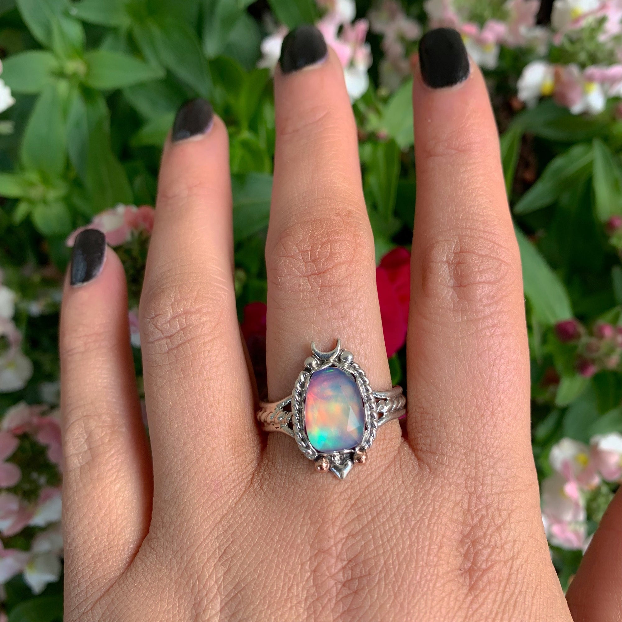 Rose Cut Clear Quartz & Aurora Opal Ring - Size 11.75 