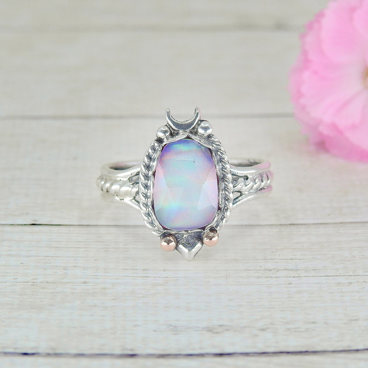 Rose Cut Clear Quartz & Aurora Opal Ring - Size 11.75 