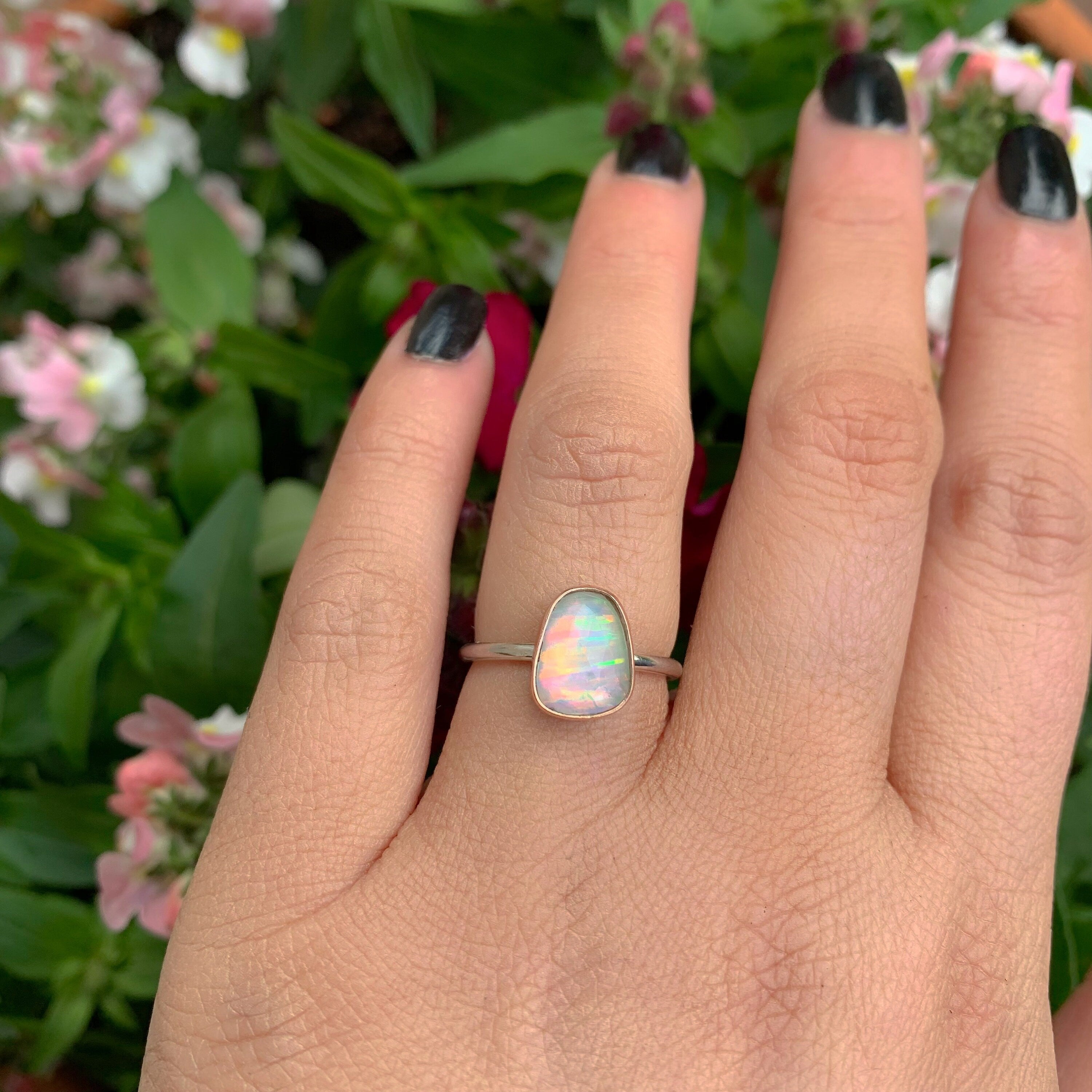 Rose Cut Clear Quartz & Aurora Opal Ring - Size 6.5 