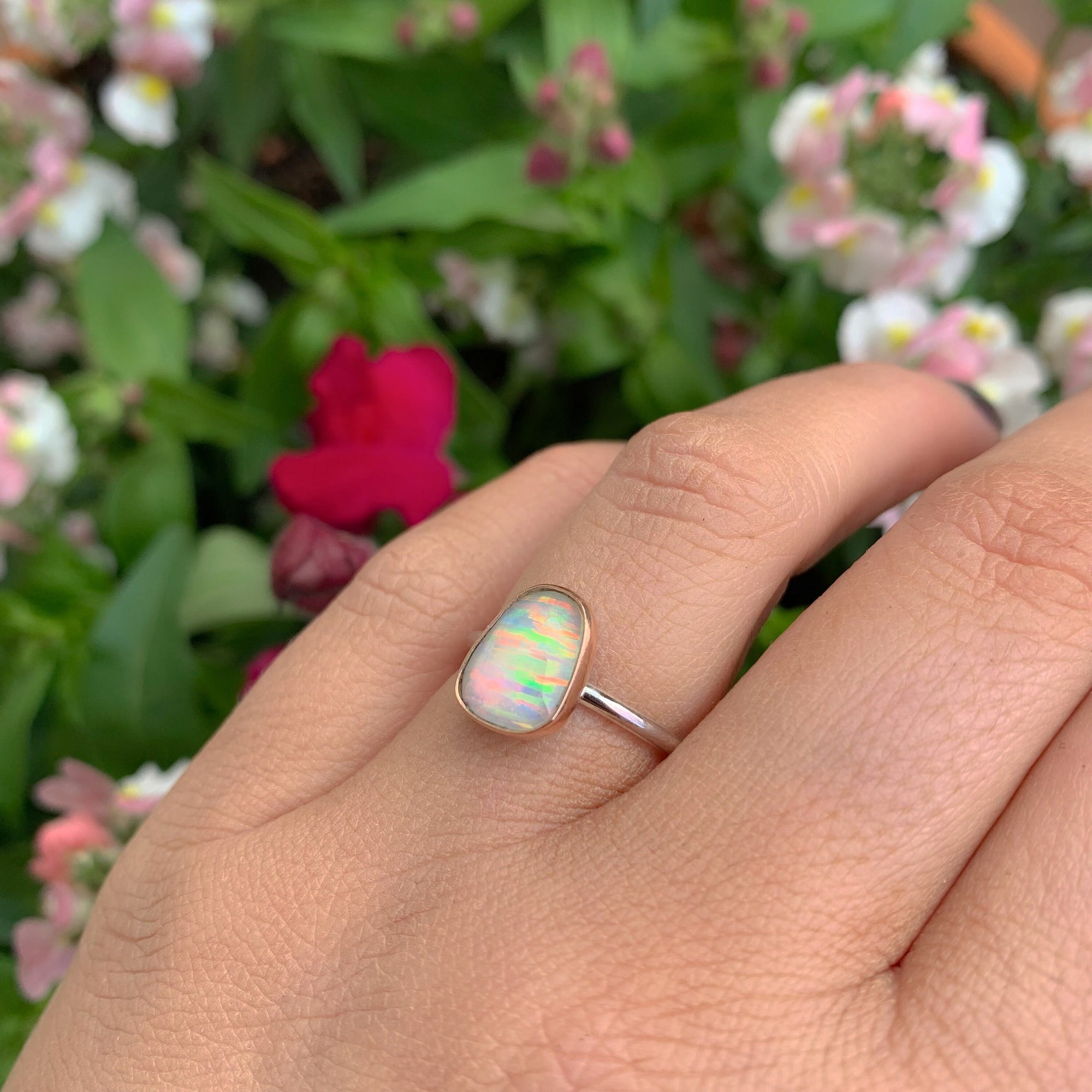 Rose Cut Clear Quartz & Aurora Opal Ring - Size 6.5 