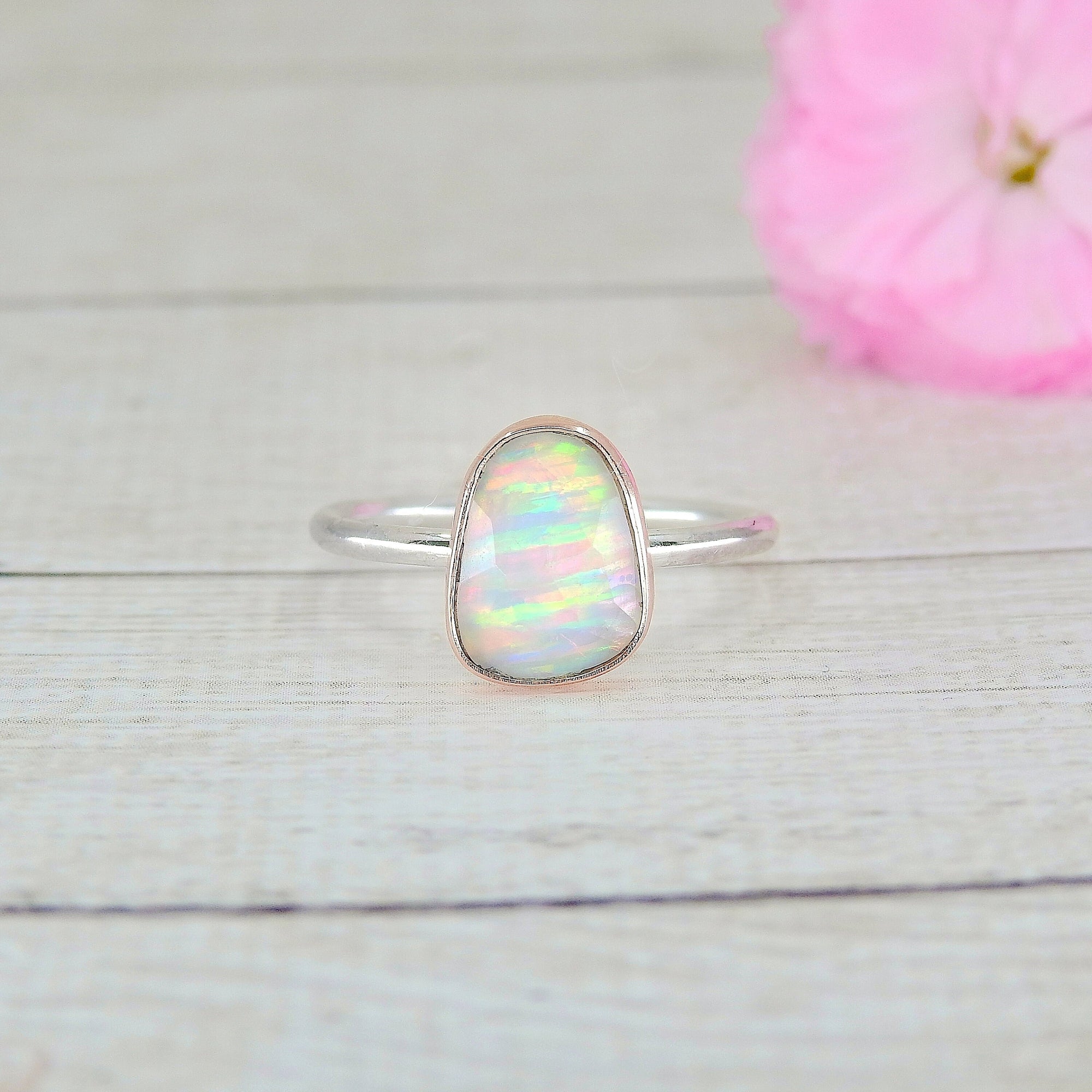 Rose Cut Clear Quartz & Aurora Opal Ring - Size 6.5 