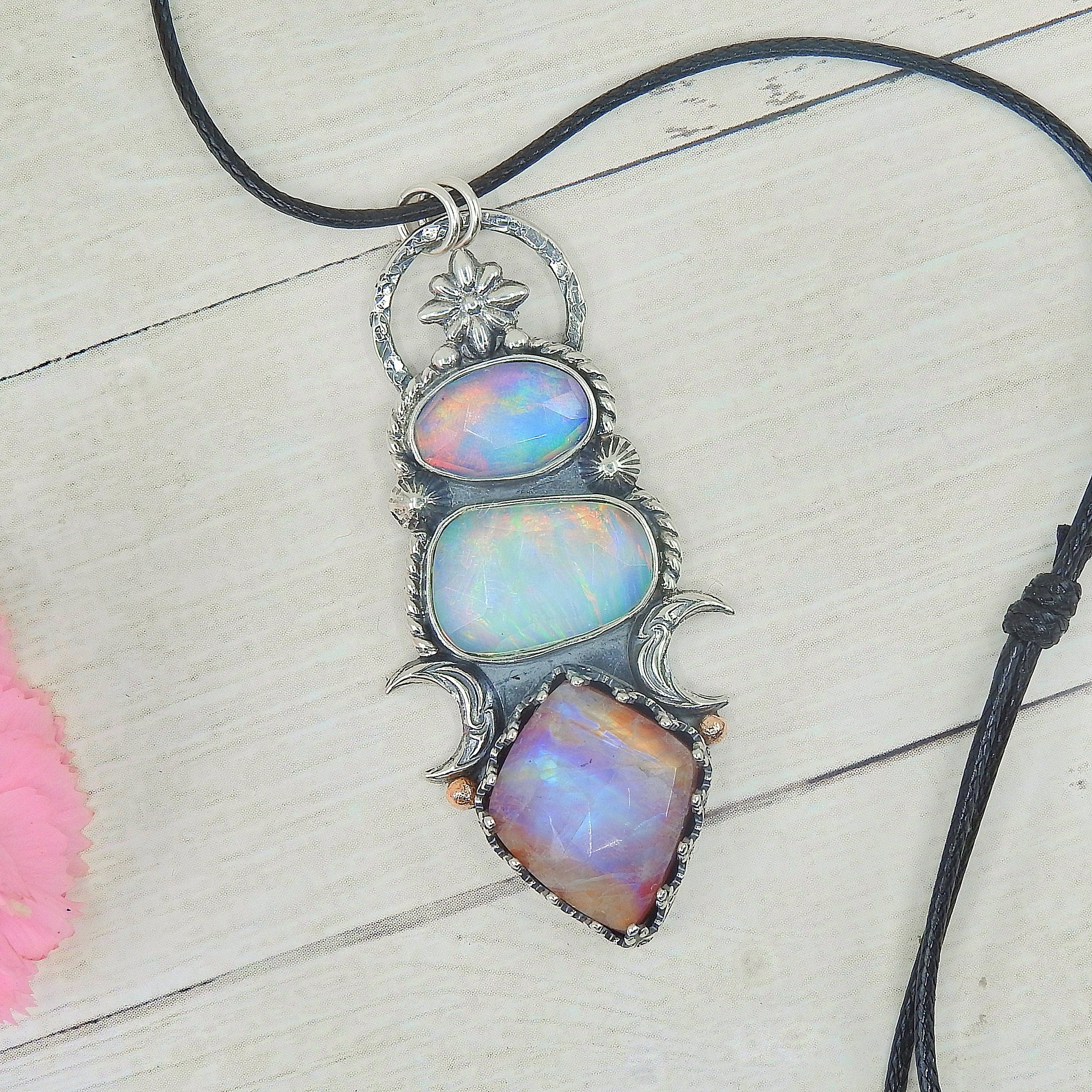 Rose Cut Moonstone & Red Jasper with Clear Quartz with Aurora Opal Pendant- Sterling Silver and 14k Rose Gold 