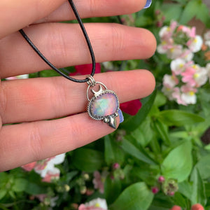 Rose Cut Clear Quartz with Aurora Opal Pendant - Sterling Silver and 14k Rose Gold 