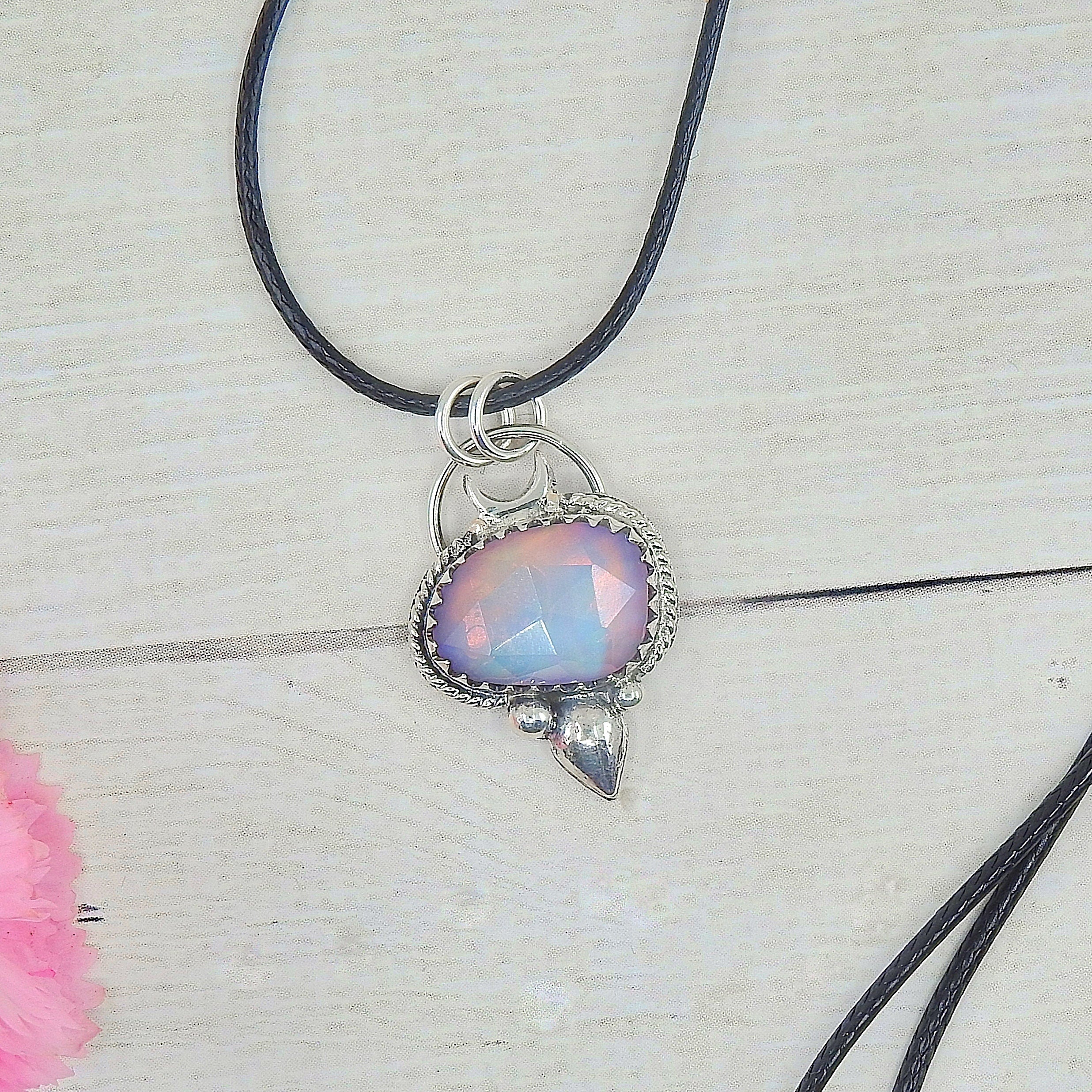 Rose Cut Clear Quartz with Aurora Opal Pendant - Sterling Silver and 14k Rose Gold 