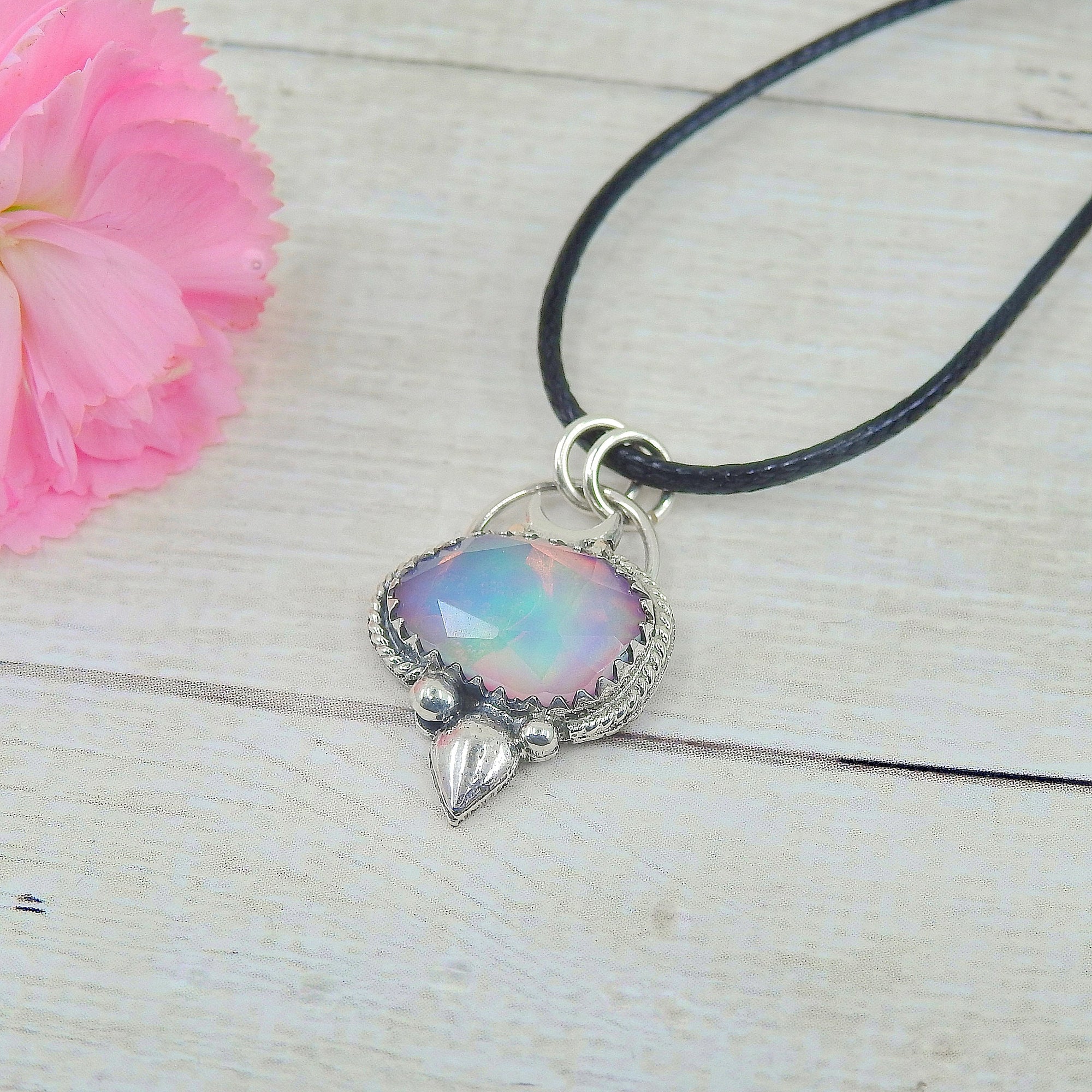 Rose Cut Clear Quartz with Aurora Opal Pendant - Sterling Silver and 14k Rose Gold 