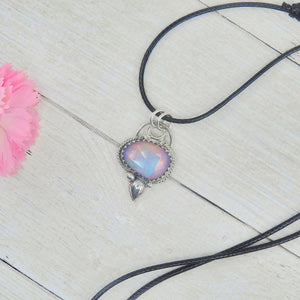 Rose Cut Clear Quartz with Aurora Opal Pendant - Sterling Silver and 14k Rose Gold 