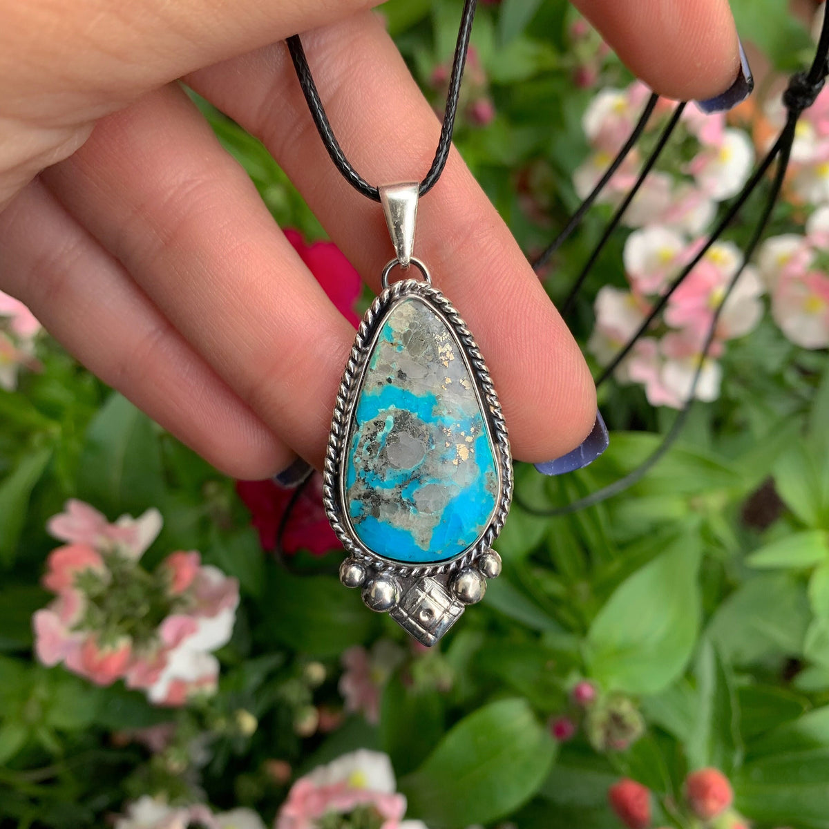 Morenci Turquoise Pendant with Pyrite - Sterling Silver 