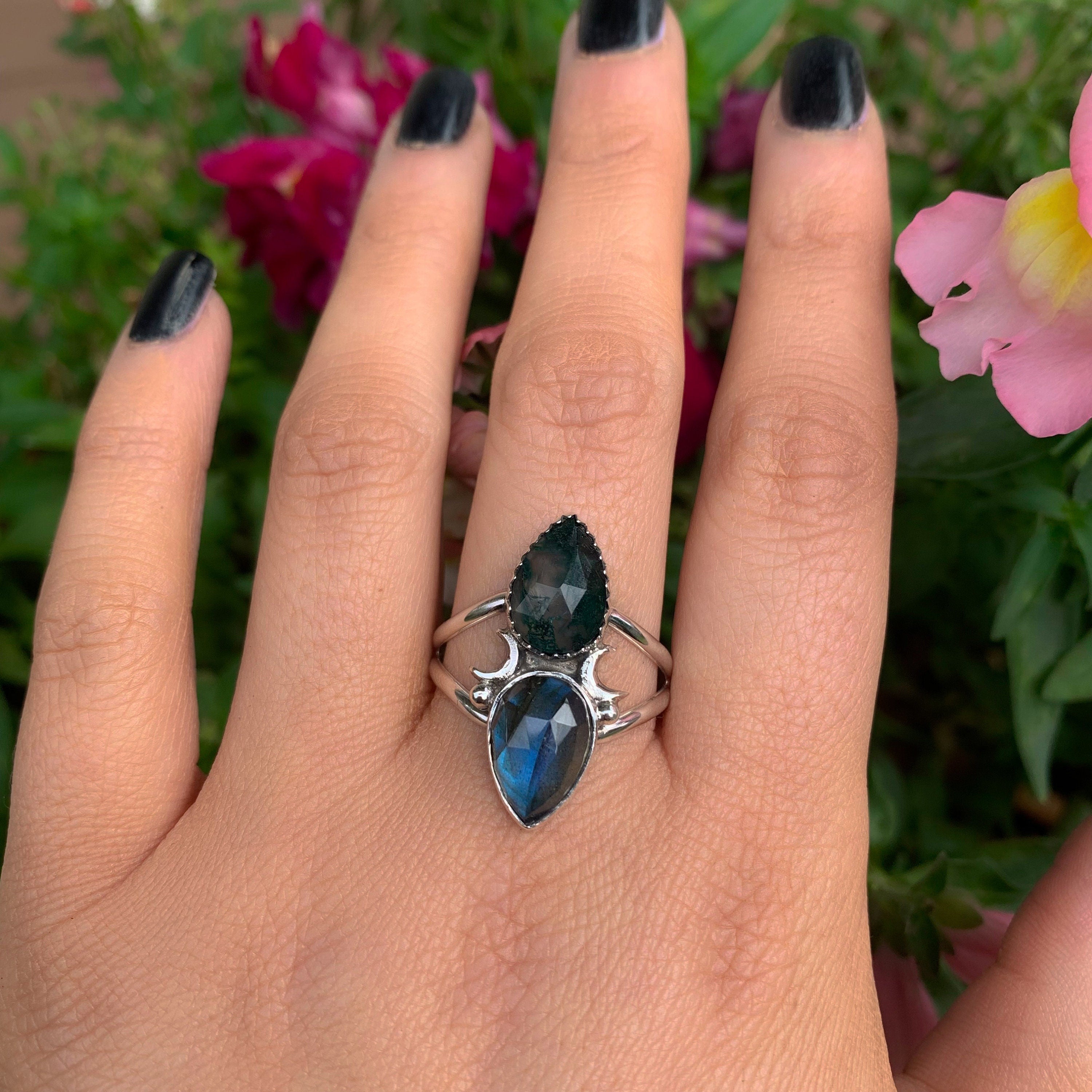 Labradorite & Moss Agate Ring - Size 12 