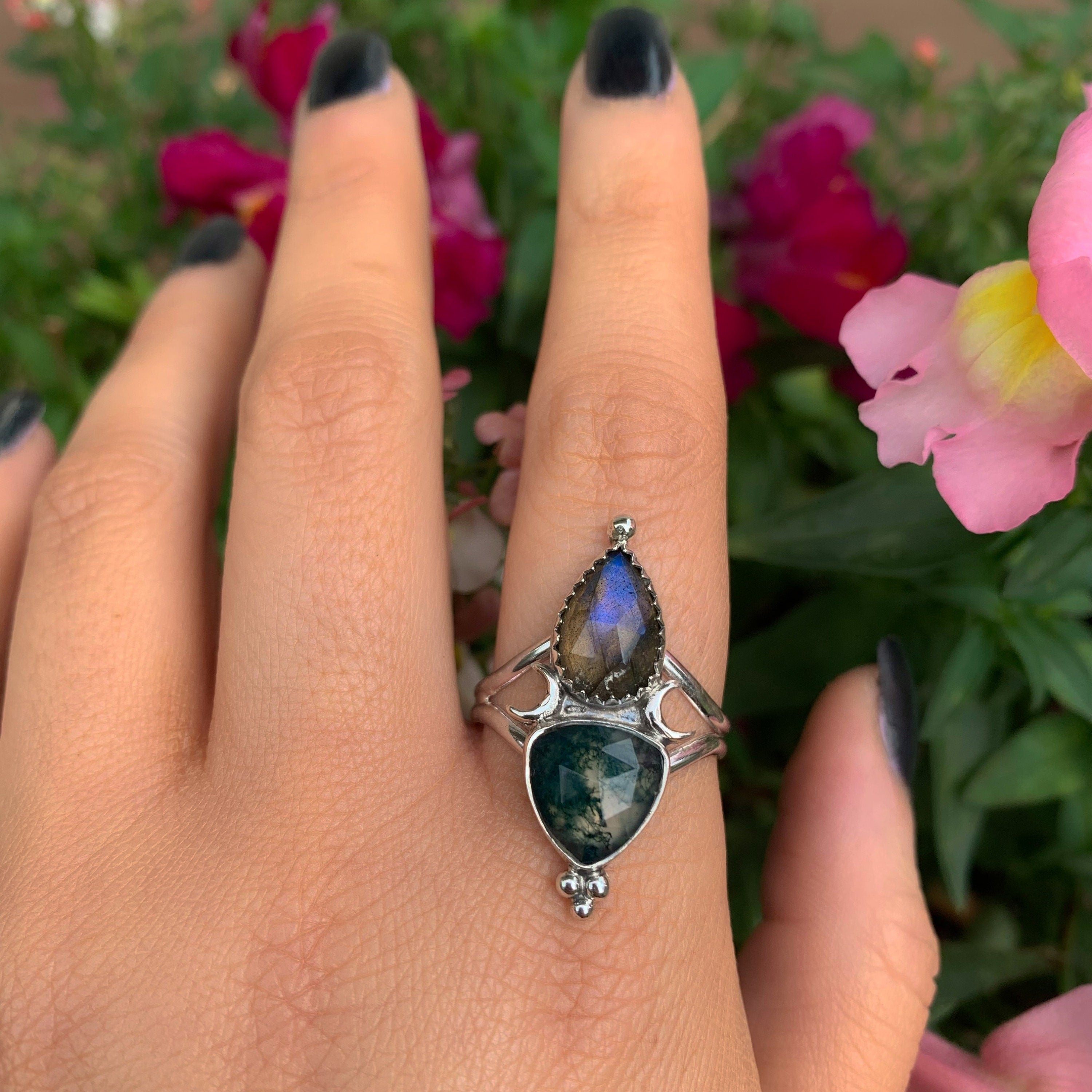 Labradorite & Moss Agate Ring - Size 11 