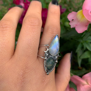 Moonstone & Moss Agate Ring - Size 10 to 10 1/4 