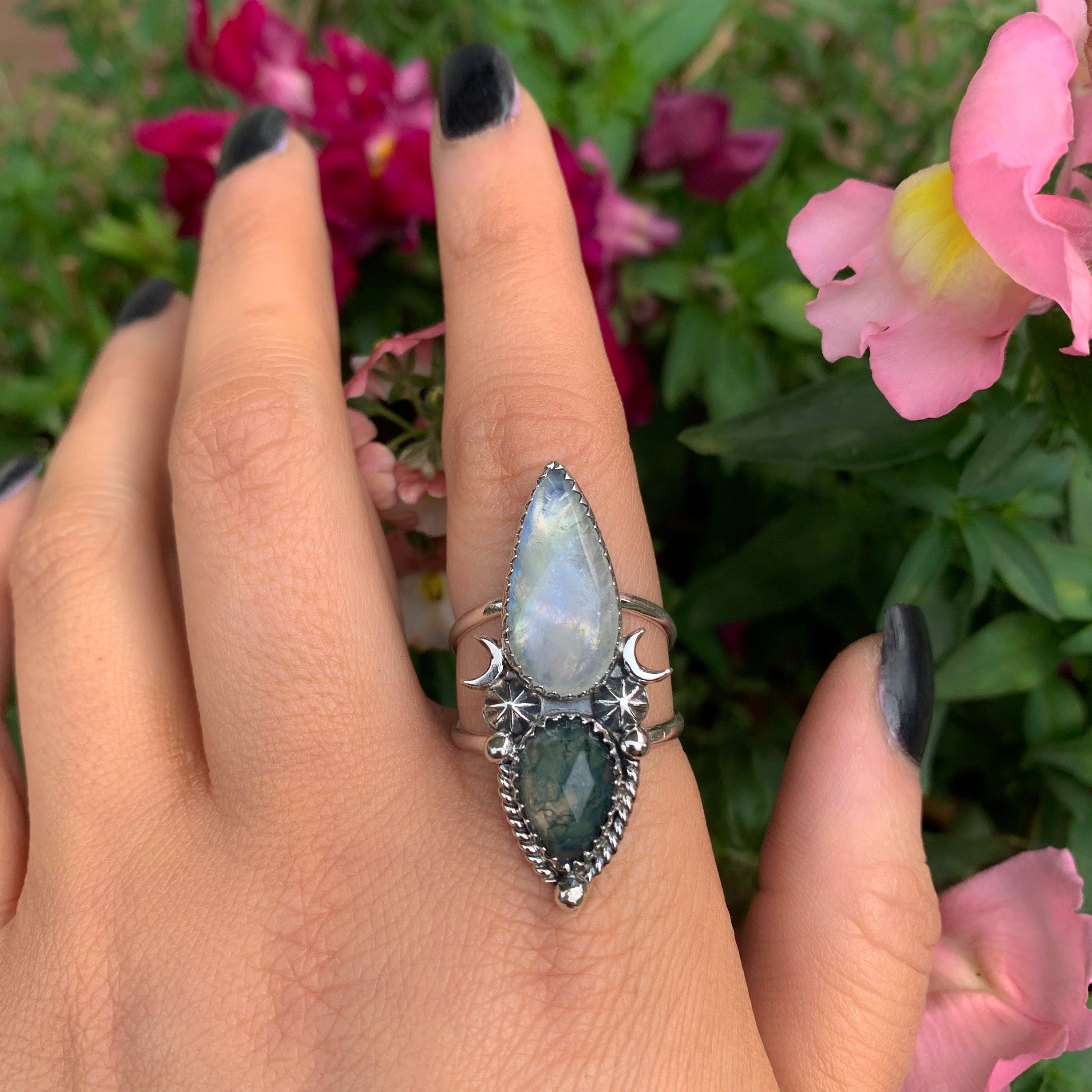 Moonstone & Moss Agate Ring - Size 10 to 10 1/4 