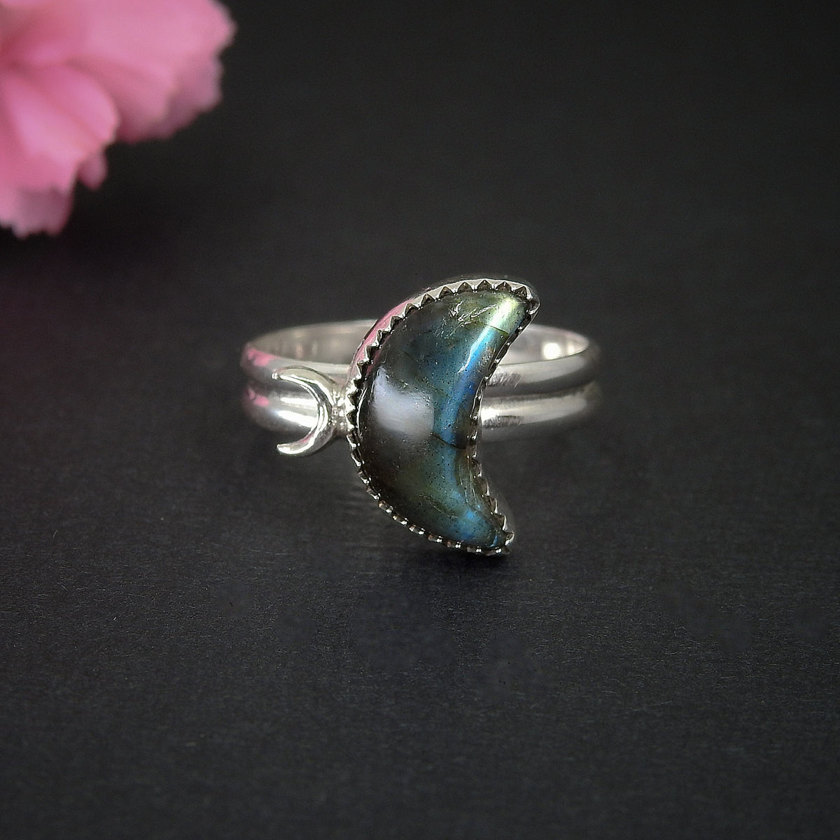 Labradorite Moon Ring - Size 7 1/4 to 7 1/2 