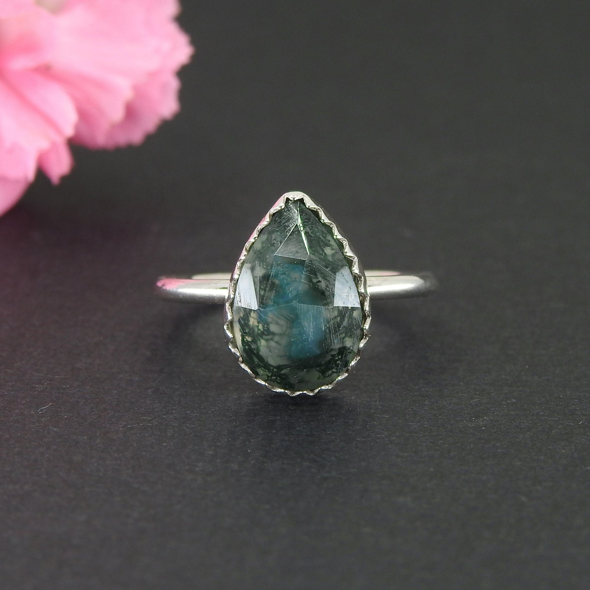 Rose Cut Moss Agate Ring - Size 5 