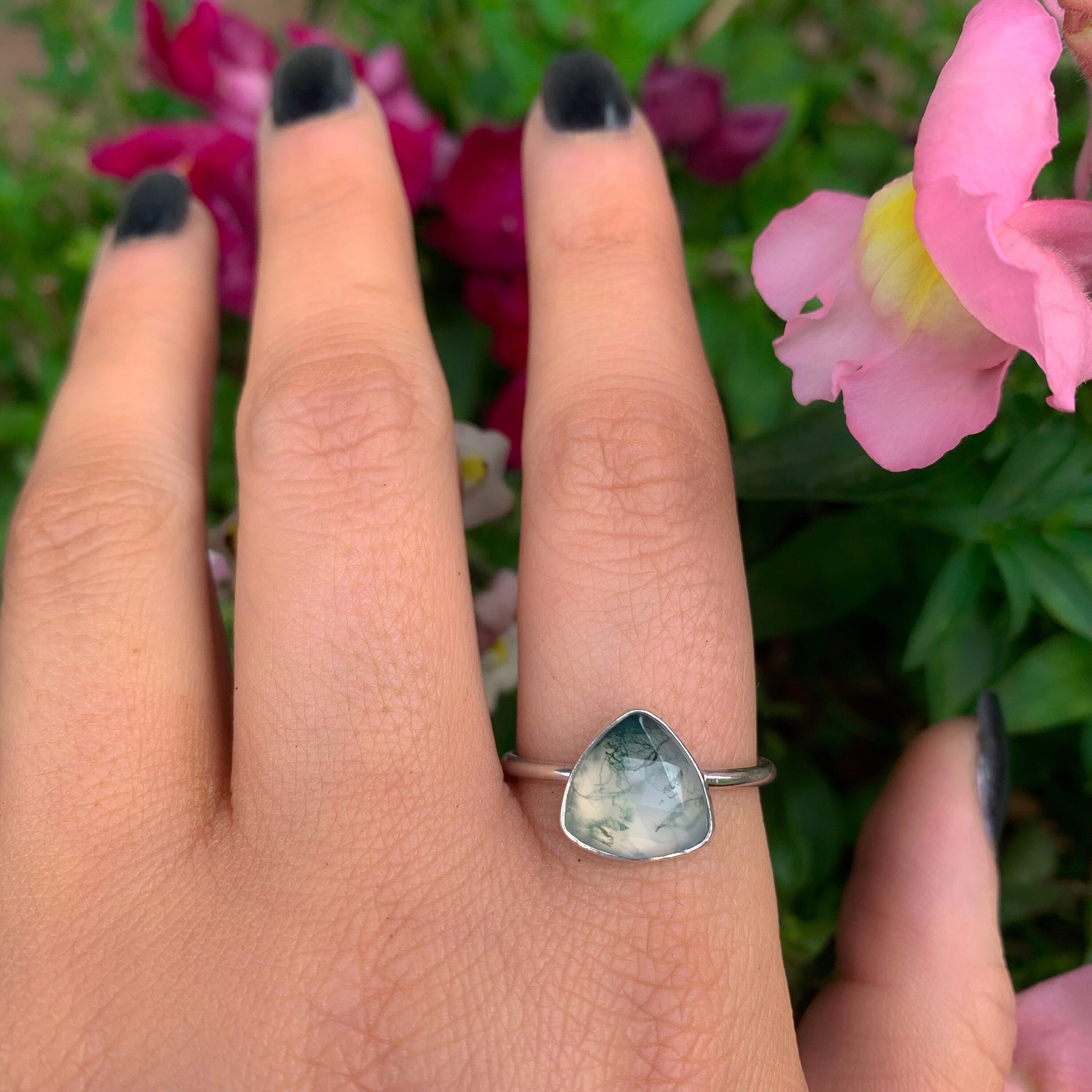 Rose Cut Moss Agate Ring - Size 9 1/2 