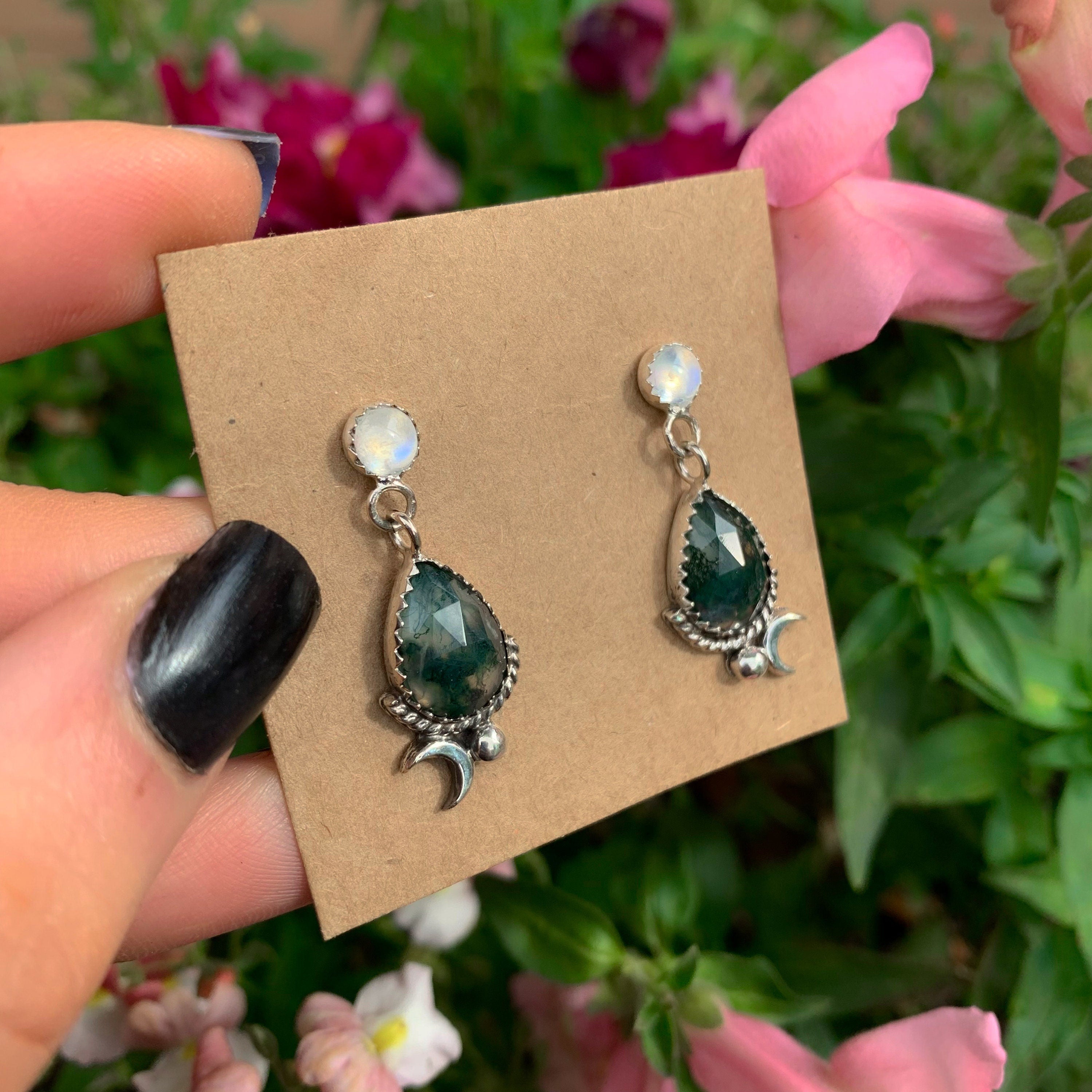 Moss Agate & Moonstone Earrings - Sterling Silver 