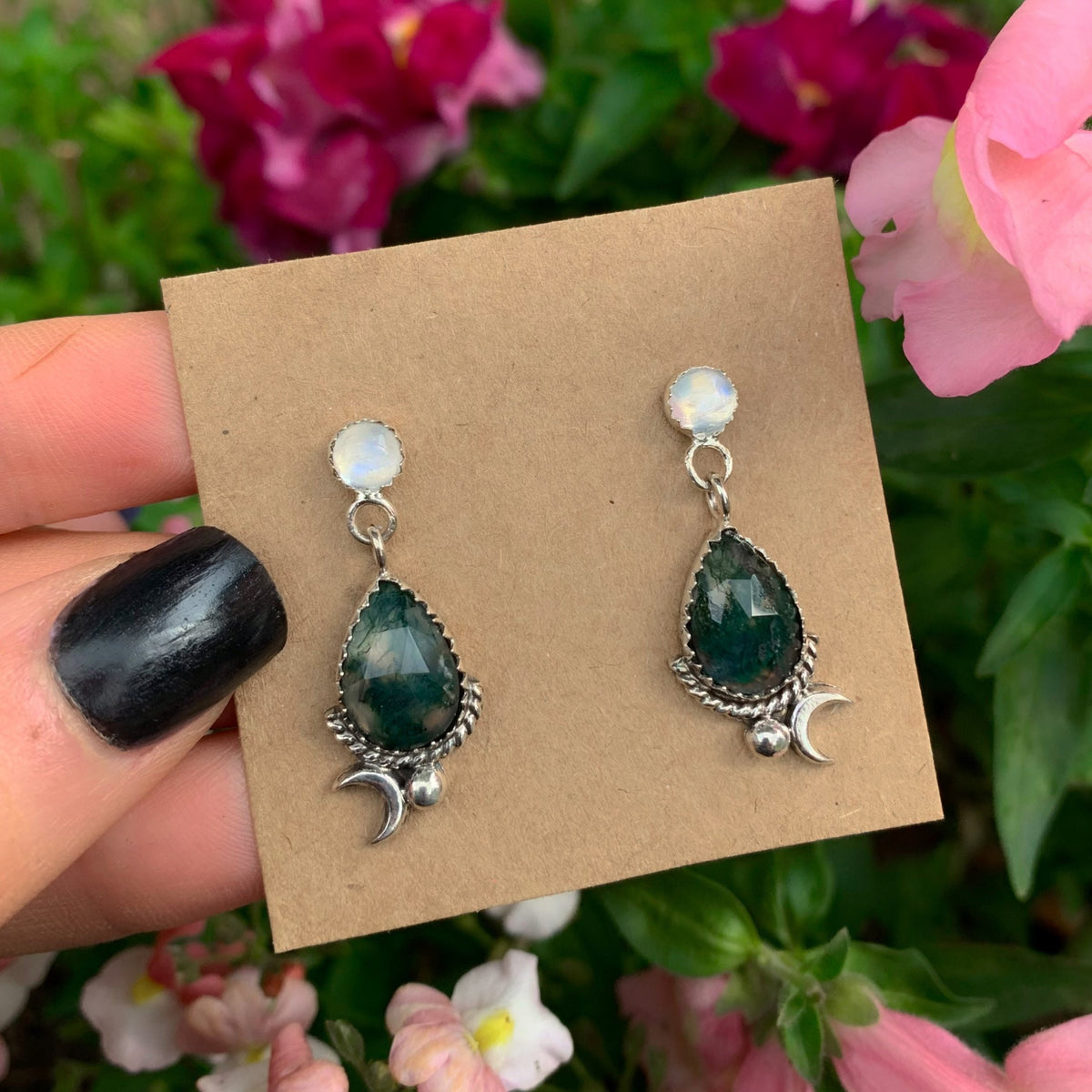 Moss Agate & Moonstone Earrings - Sterling Silver 