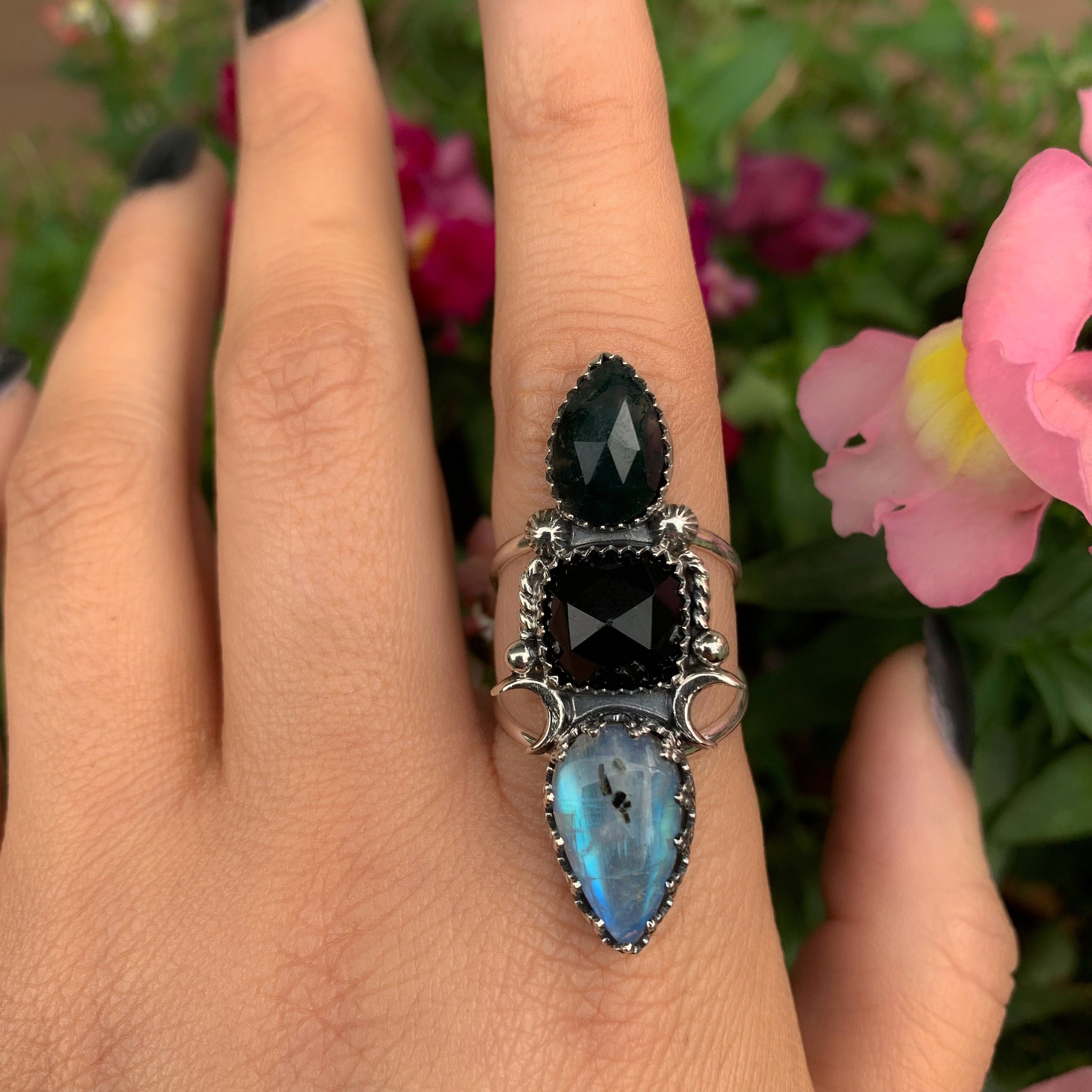 Moonstone, Moss Agate & Black Onyx Ring - Size 8 1/2 