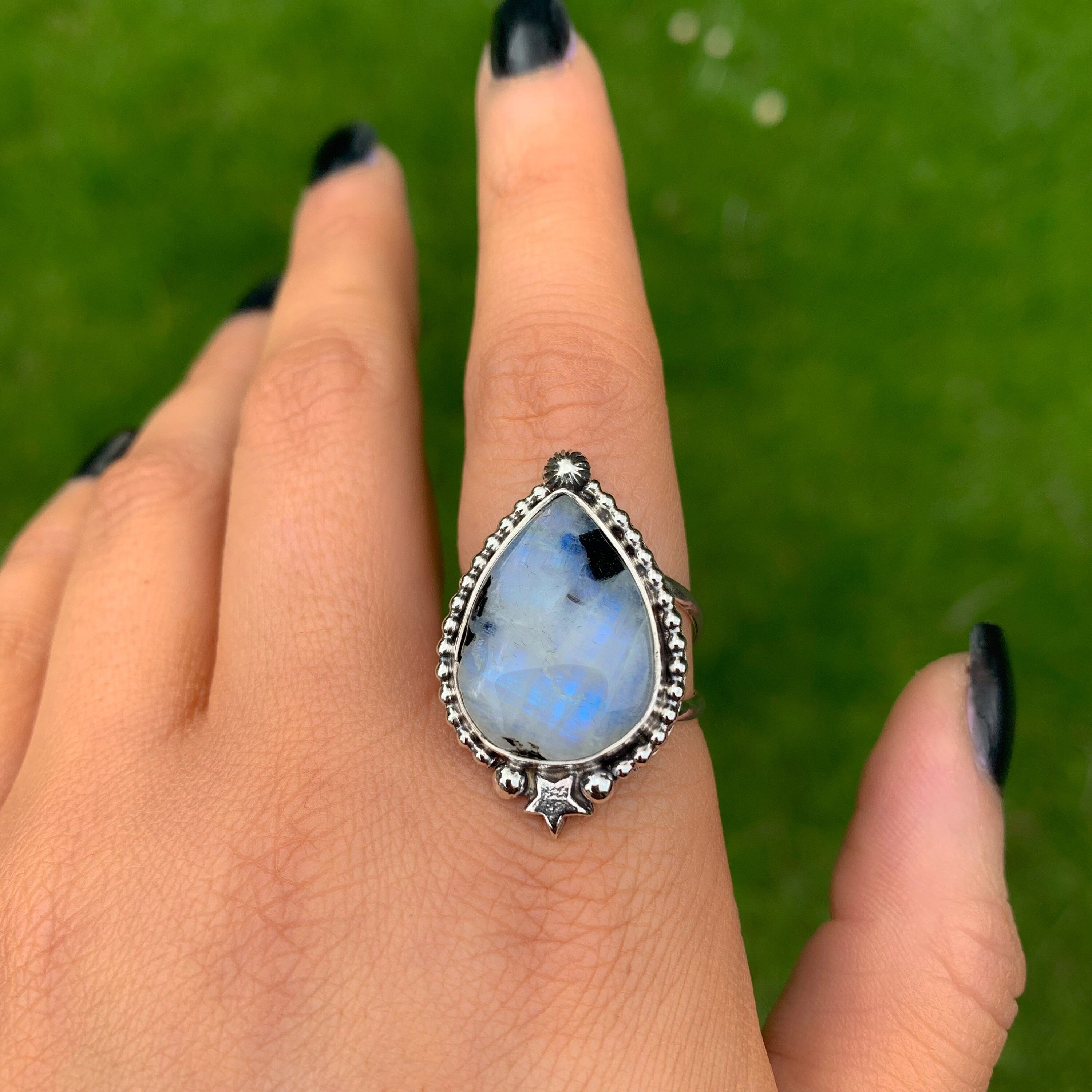 Moonstone & Black Tourmaline Ring - Size 10 1/2 to 10 3/4 