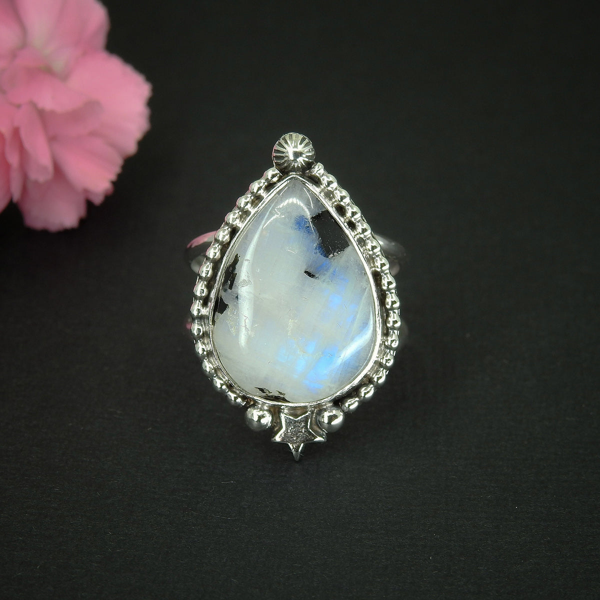 Moonstone & Black Tourmaline Ring - Size 10 1/2 to 10 3/4 