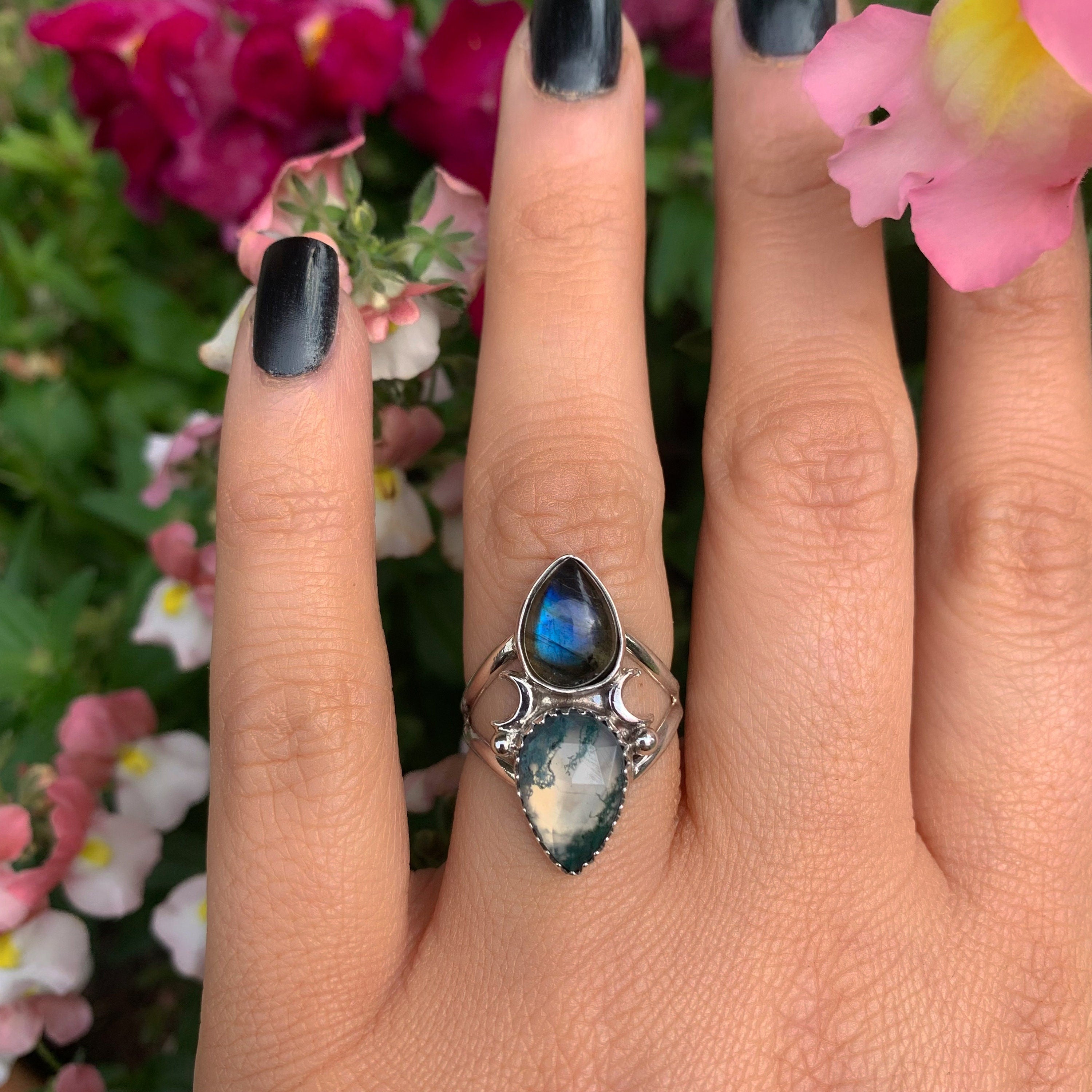 Labradorite & Moss Agate Ring - Size 6 1/2 