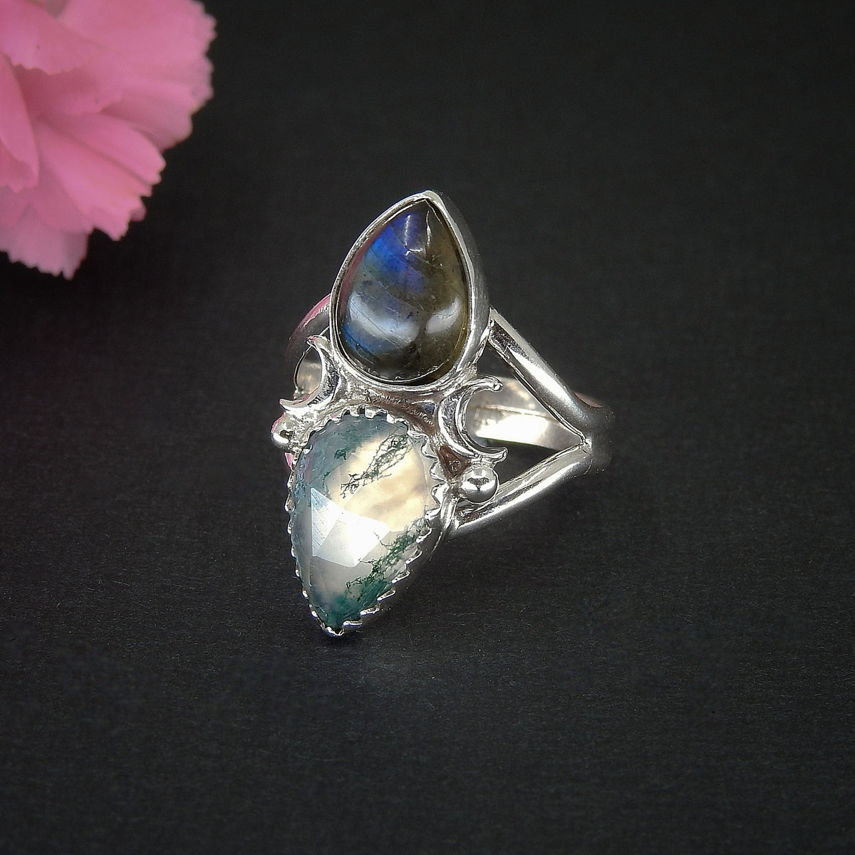 Labradorite & Moss Agate Ring - Size 6 1/2 