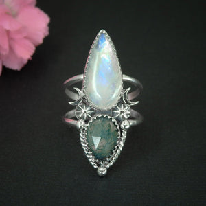 Moonstone & Moss Agate Ring - Size 10 to 10 1/4 