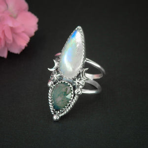 Moonstone & Moss Agate Ring - Size 10 to 10 1/4 