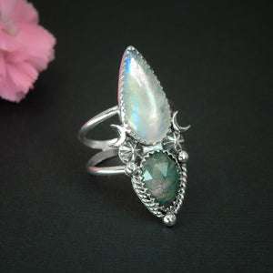Moonstone & Moss Agate Ring - Size 10 to 10 1/4 
