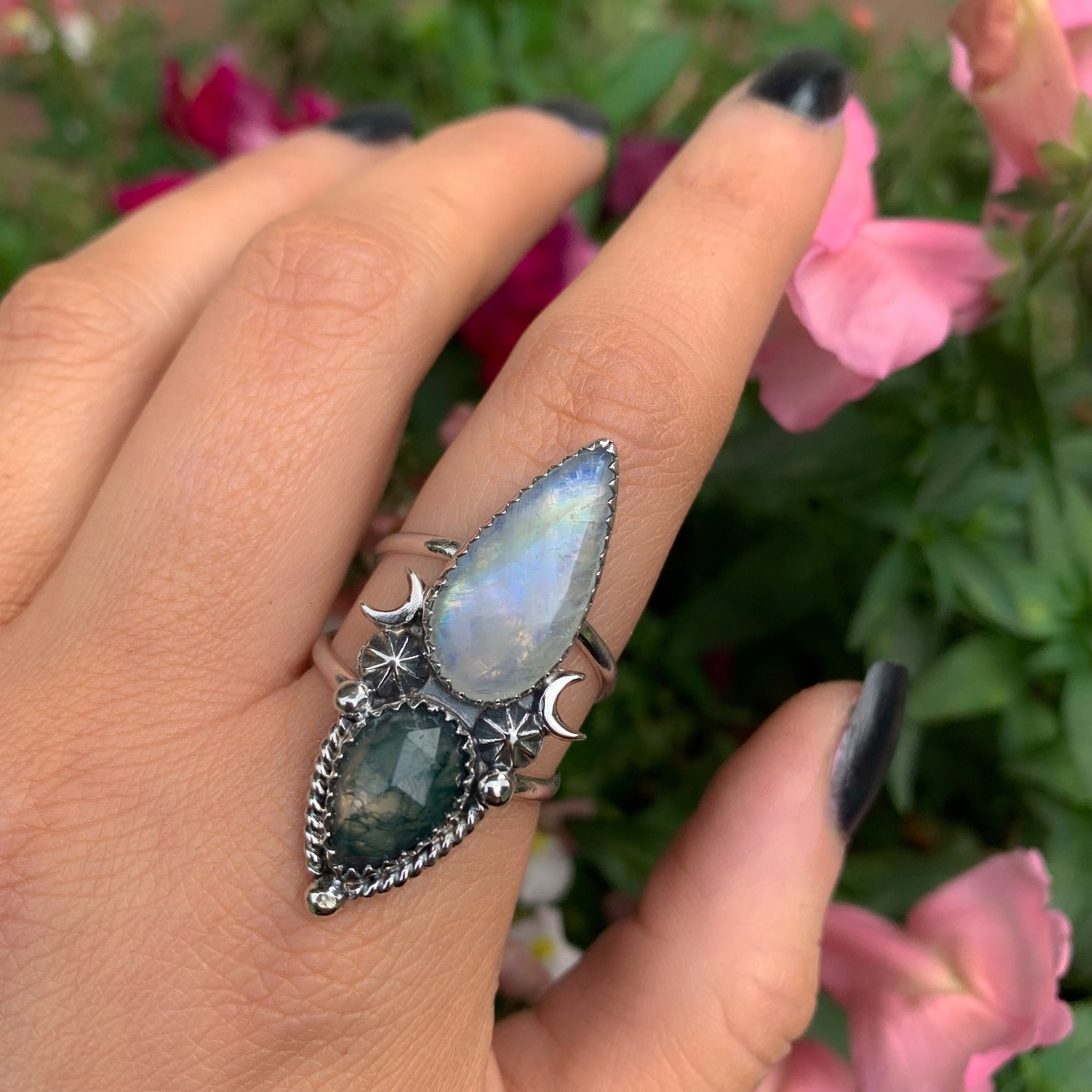 Moonstone & Moss Agate Ring - Size 10 to 10 1/4 