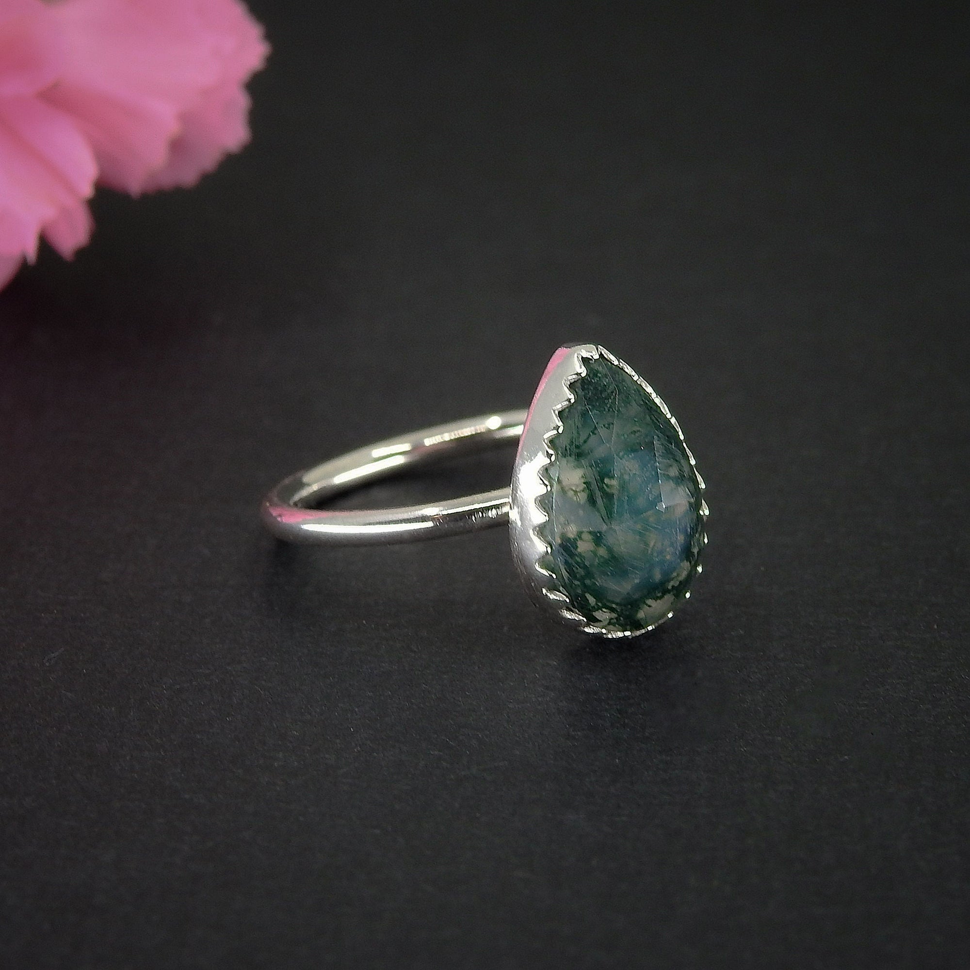 Rose Cut Moss Agate Ring - Size 5 