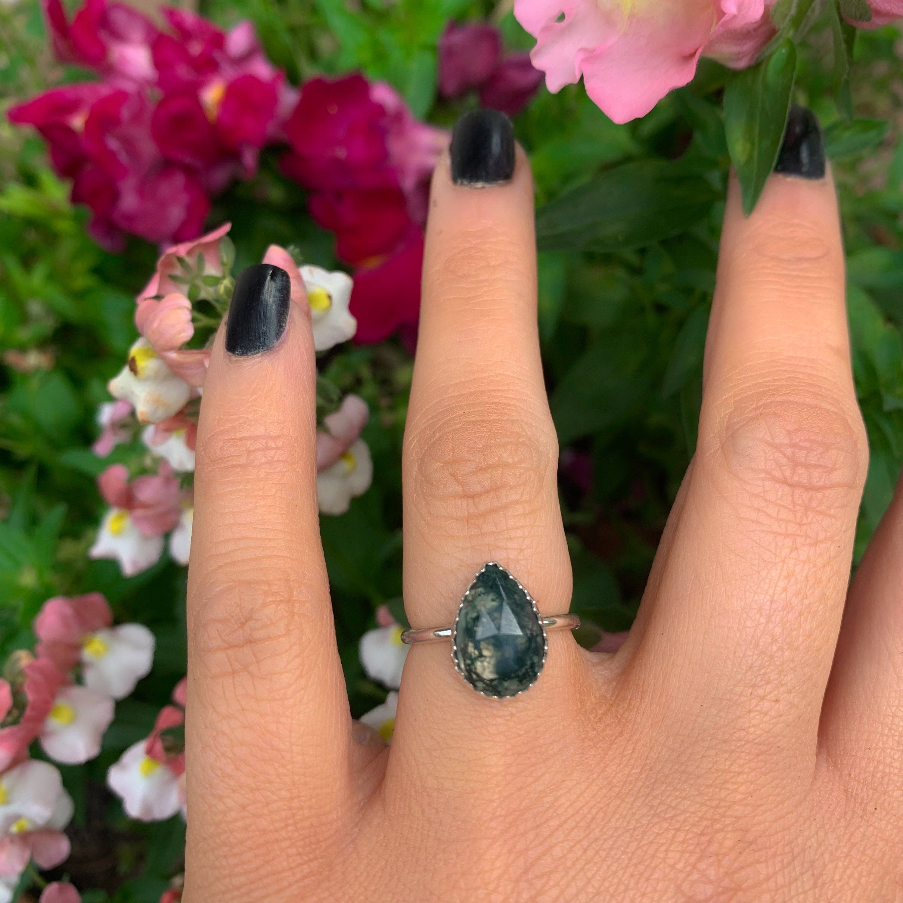 Rose Cut Moss Agate Ring - Size 5 