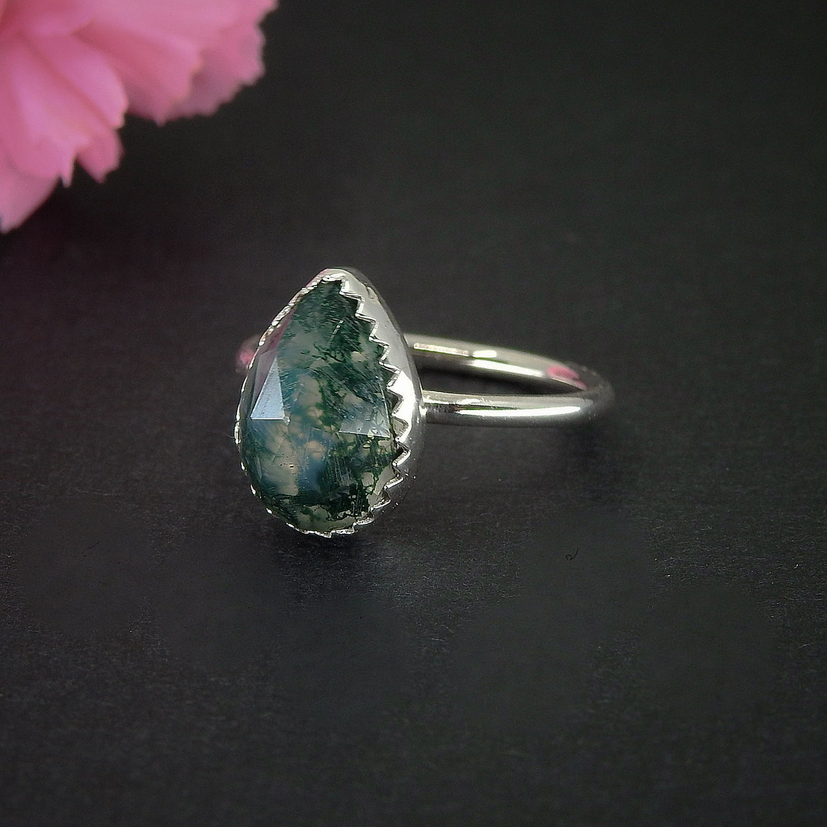 Rose Cut Moss Agate Ring - Size 5 