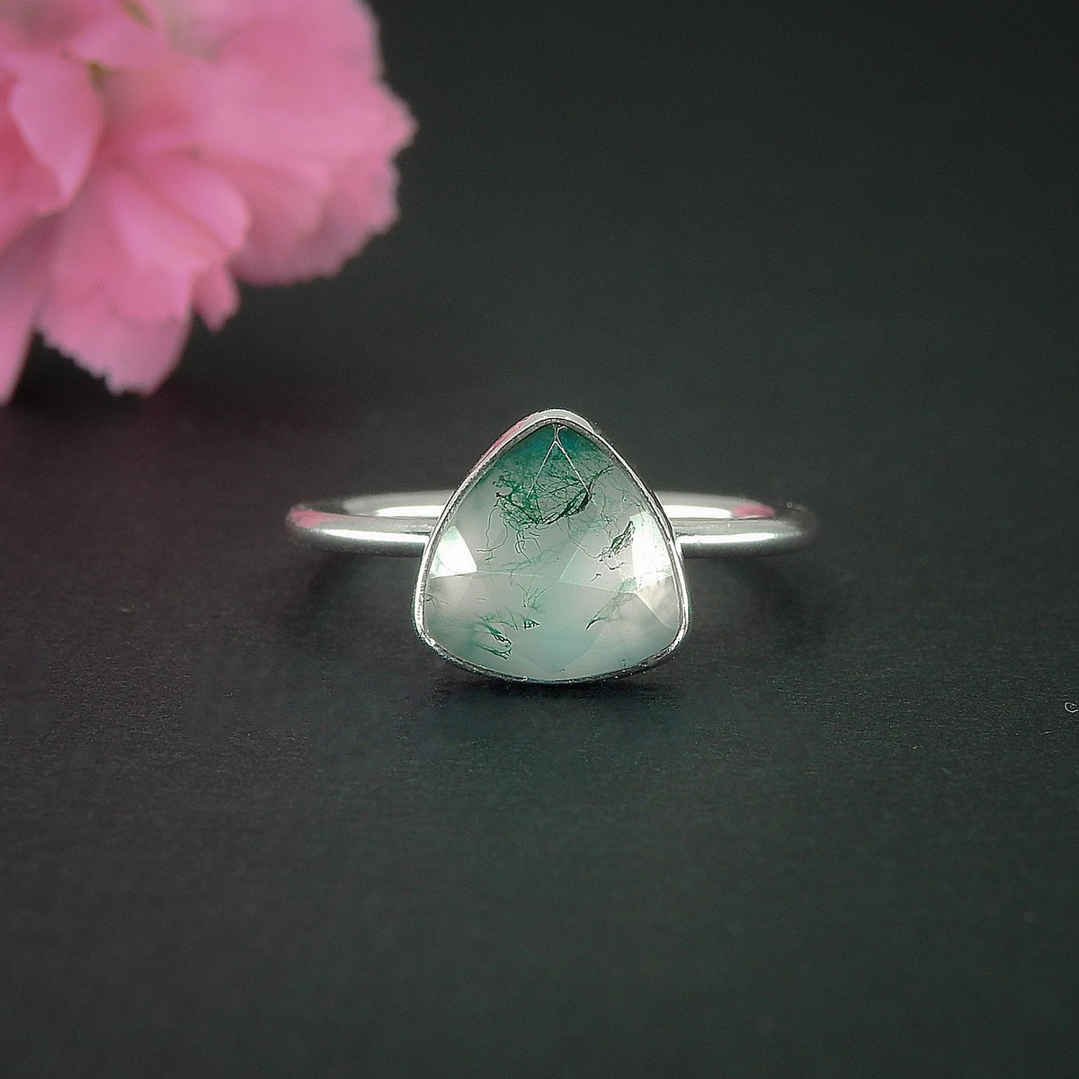 Rose Cut Moss Agate Ring - Size 9 1/2 