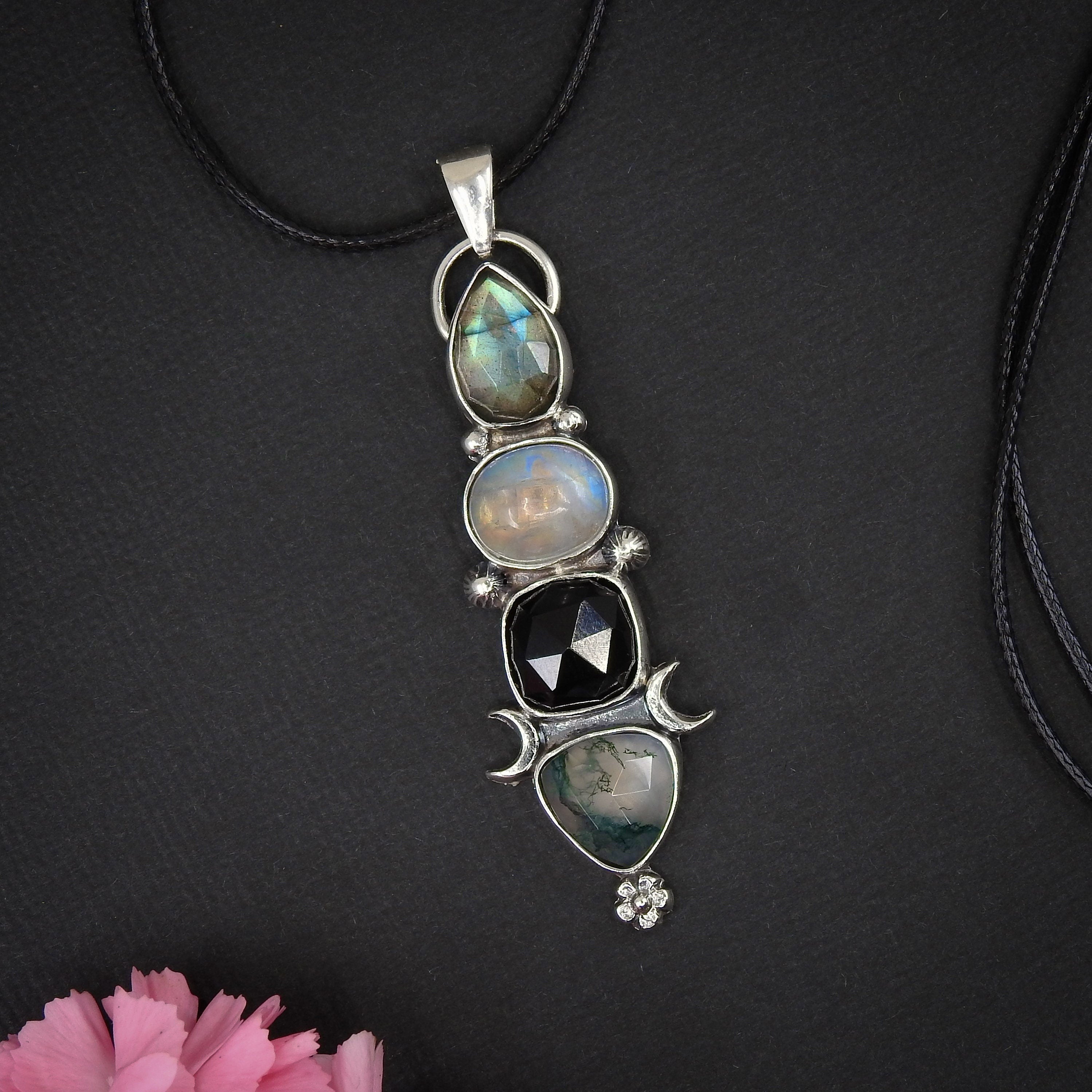 Labradorite, Moonstone, Black Onyx & Moss Agate Pendant - Sterling Silver 