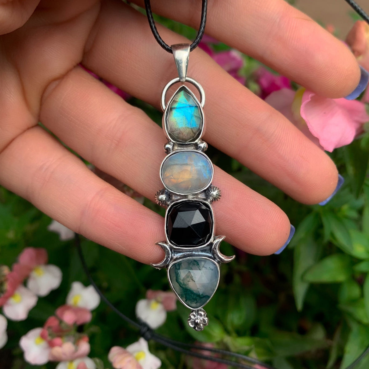 Labradorite, Moonstone, Black Onyx & Moss Agate Pendant - Sterling Silver 