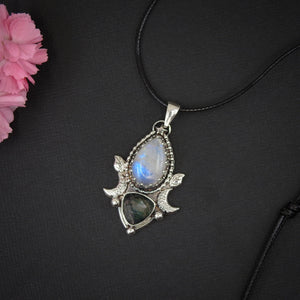 Moonstone & Moss Agate Pendant - Sterling Silver 