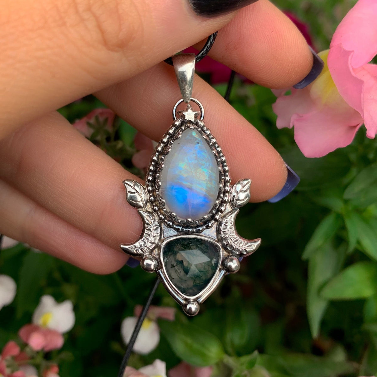 Moonstone & Moss Agate Pendant - Sterling Silver 