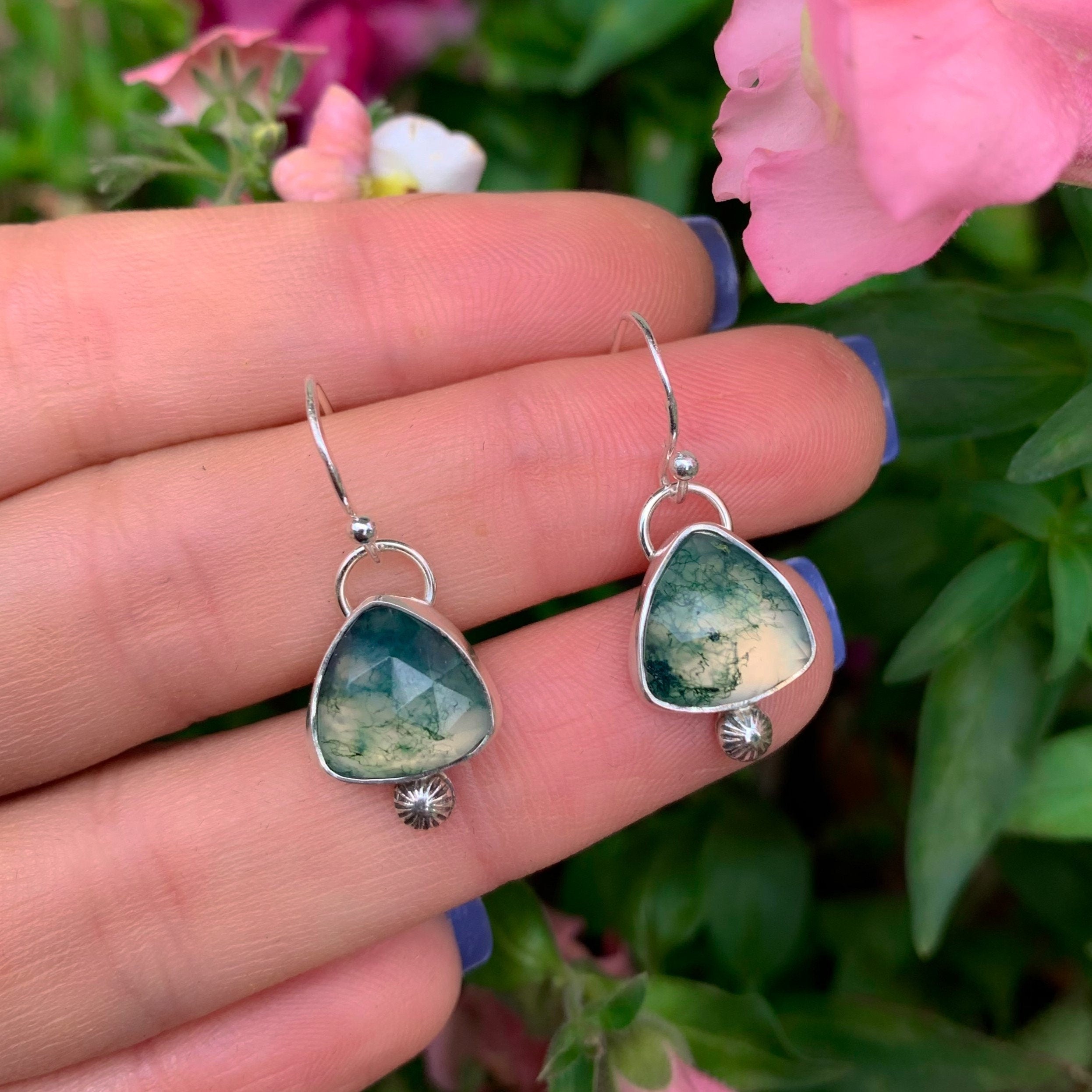 Rose Cut Moss Agate Earrings - Sterling Silver 