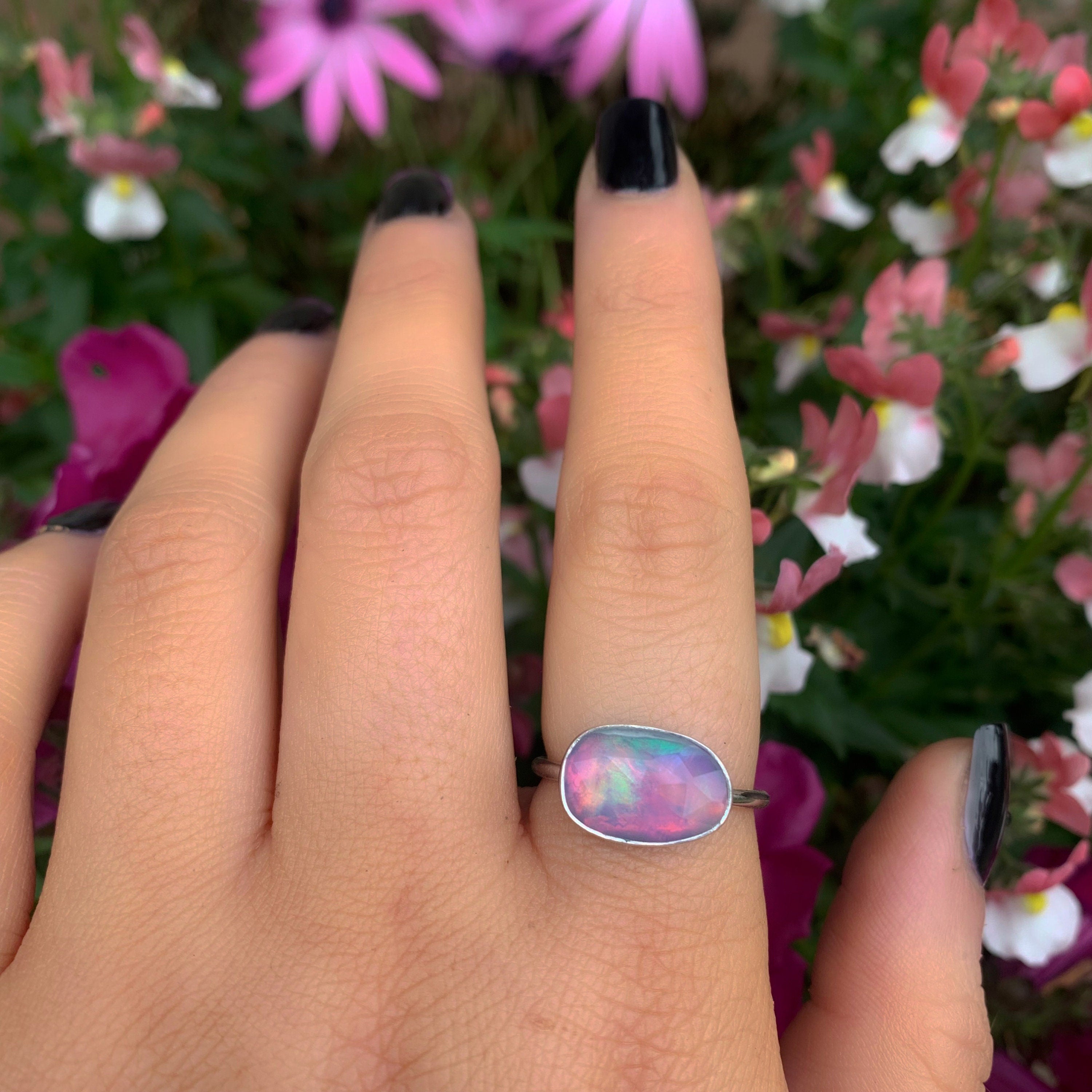 Rose Cut Clear Quartz & Aurora Opal Ring - Size 8 