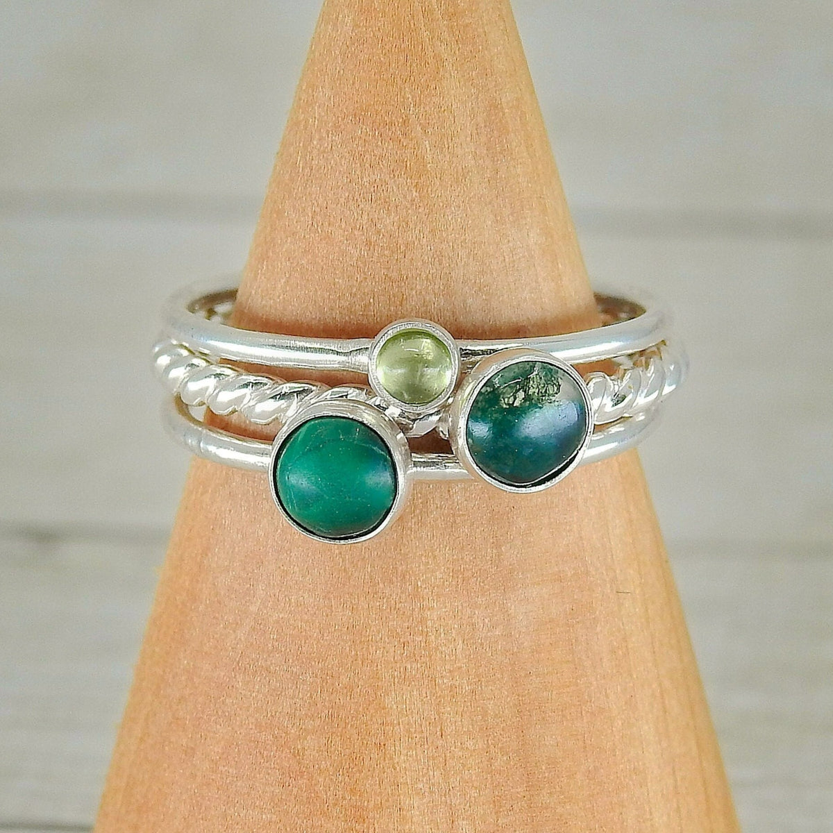 The Artemis Ring Stack of Fortune - Sterling Silver, Made to Order Stacking Ring, Peridot Ring, Moss Agate Ring, Citrine Ring for Wealth